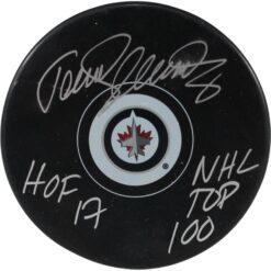 Teemu Selanne Autographed Winnipeg Jets Logo Puck NHL Top 100 HOF JSA 54004