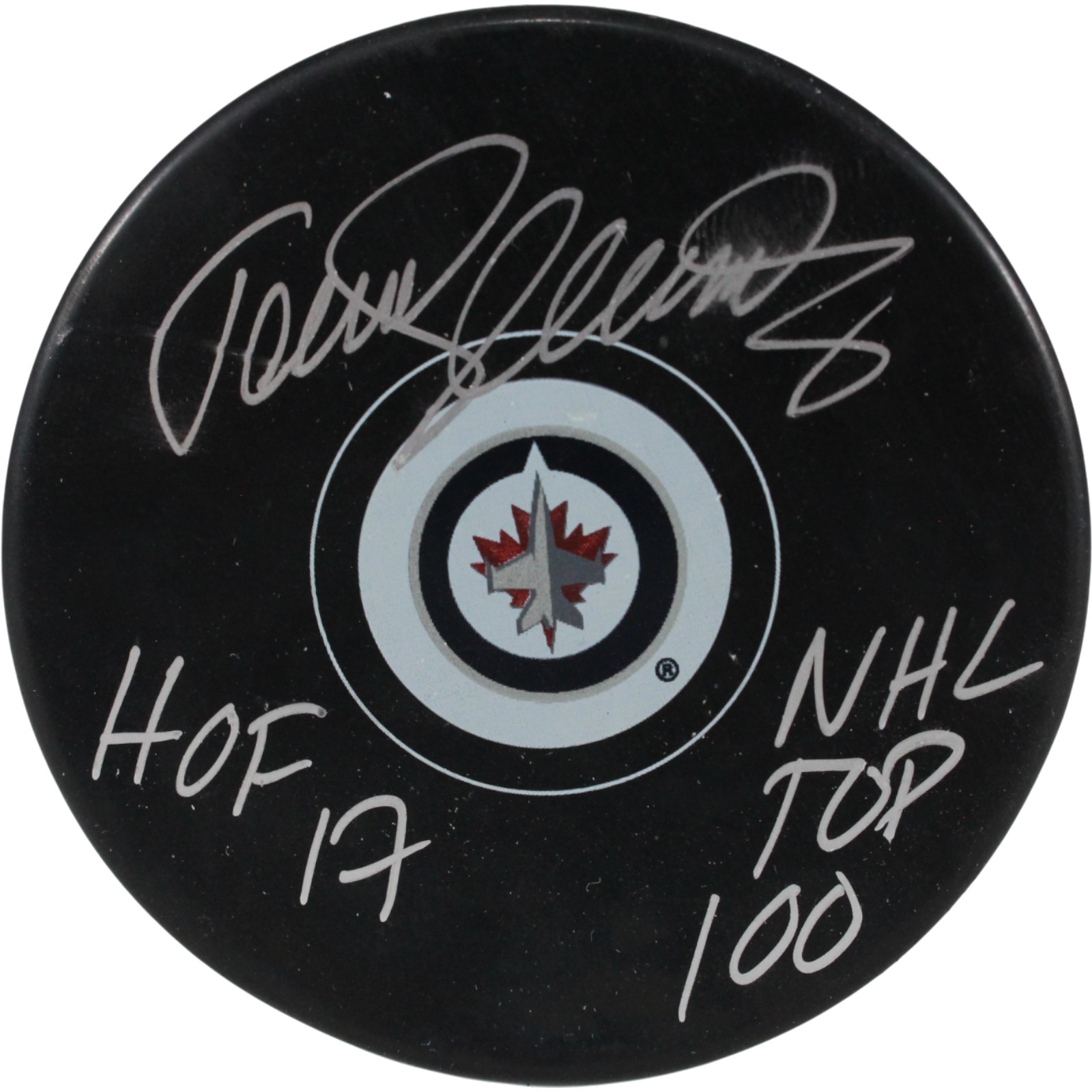 Teemu Selanne Autographed Winnipeg Jets Logo Puck NHL Top 100 HOF JSA 54004 1 Teemu Selanne Autographed Winnipeg Jets Logo Puck NHL Top 100 HOF JSA 54004