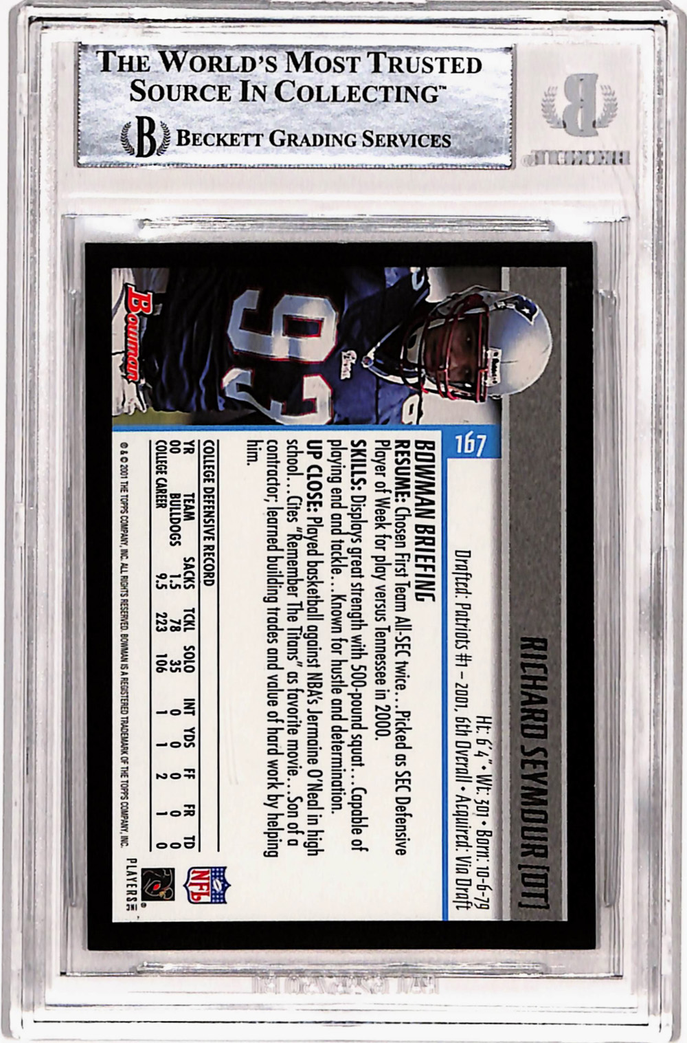 Richard Seymour Signed 2001 Bowman #167 Rookie Card Beckett Slab