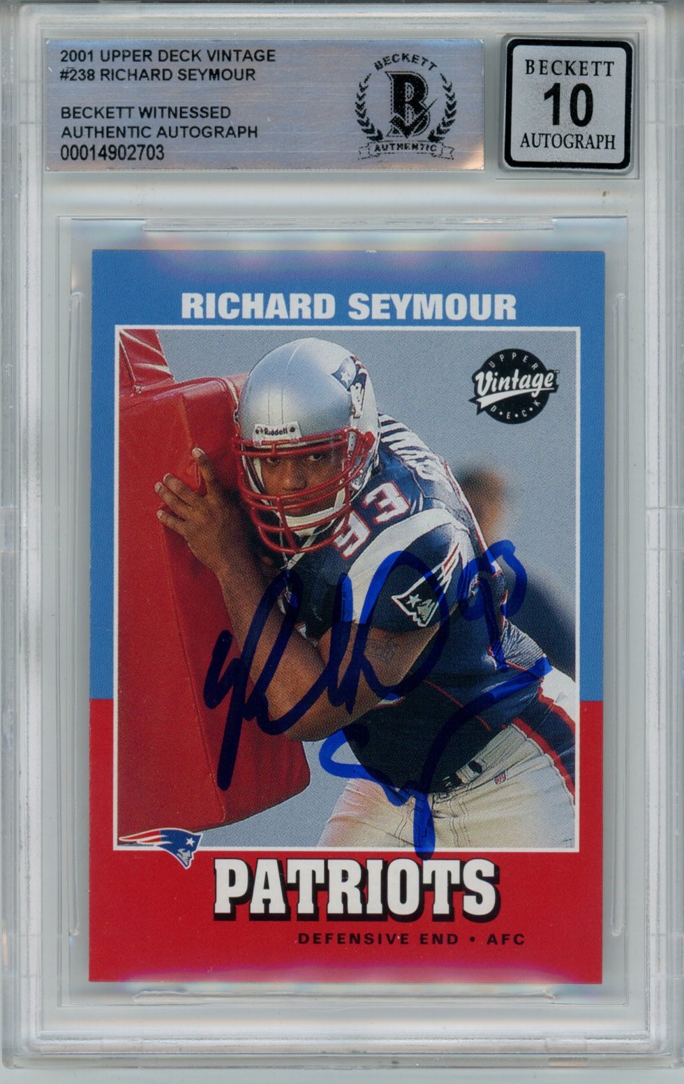 Richard Seymour Signed New England Pats 2001 UD #238 Beckett Auto 10 