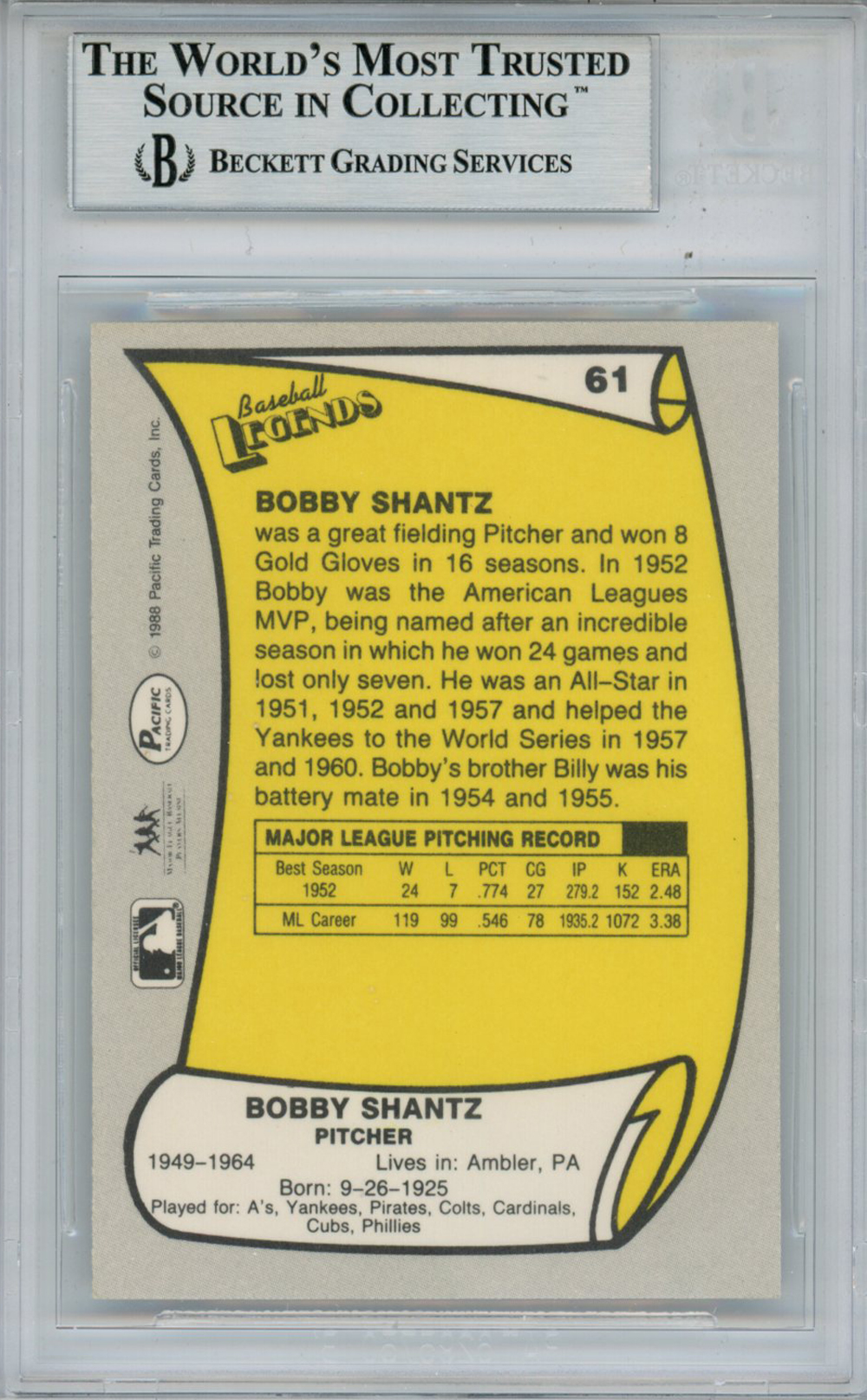 Bobby Shantz Autographed 1988 Pacific Legends I #61 Card Beckett Slab