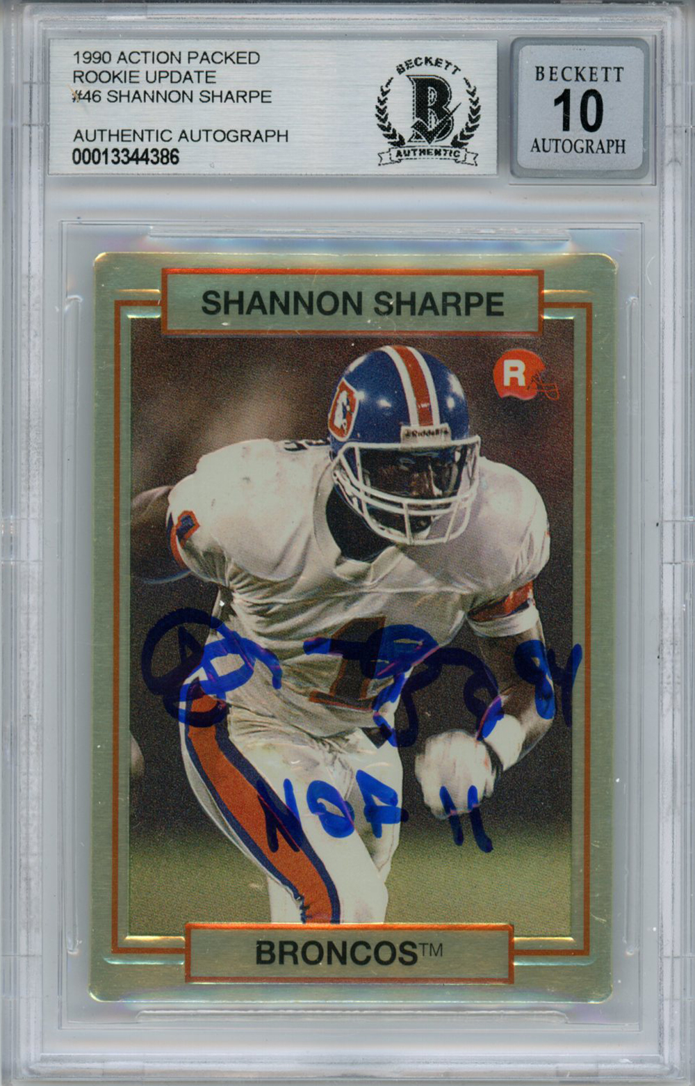 Shannon Sharpe Signed 1990 Action Packed Rookie Card HOF BAS 10 Slab