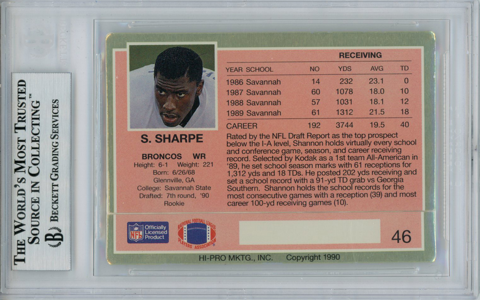 Shannon Sharpe Signed 1990 Action Packed Rookie Card HOF BAS Slab