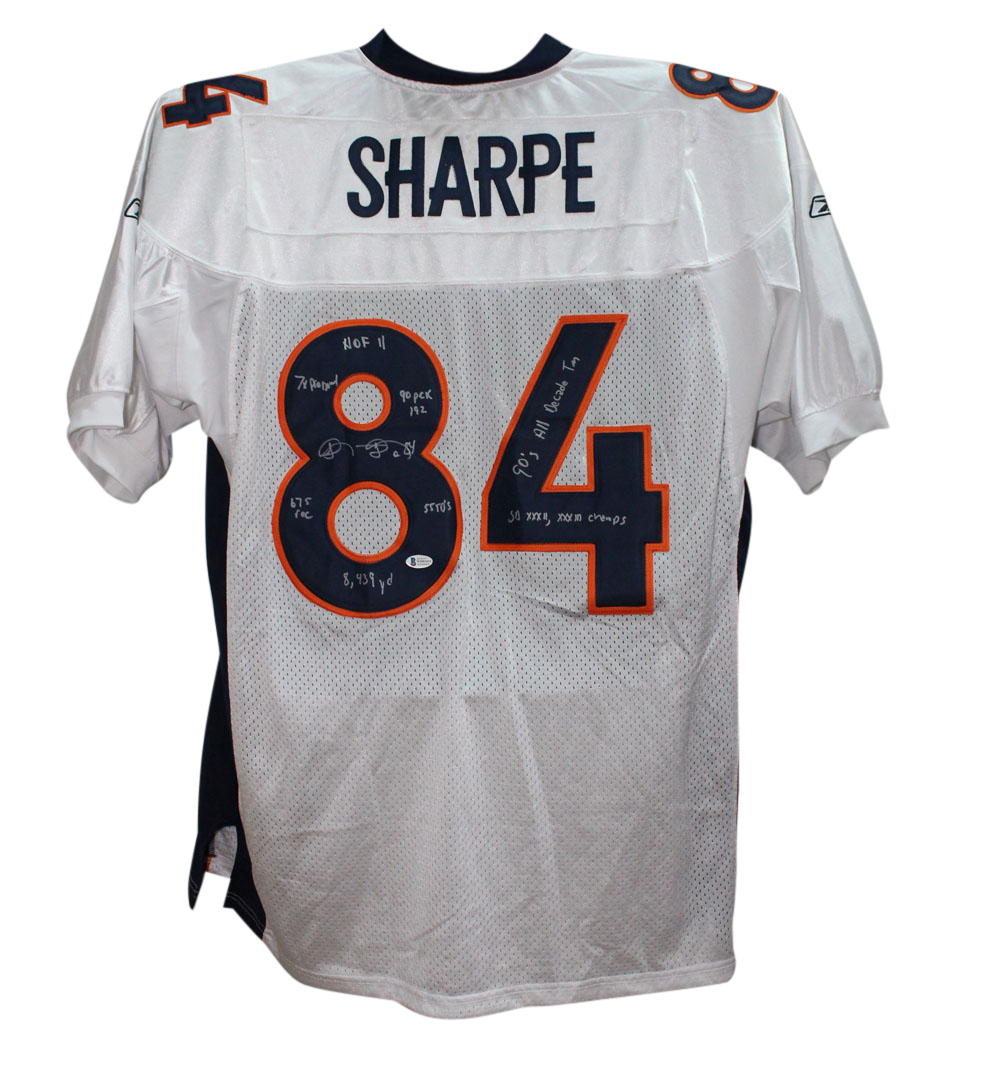 Shannon Sharpe Signed Denver Broncos Reebok White 54 Jersey 8 Insc BAS
