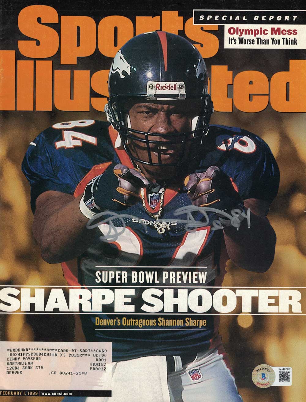 Shannon Sharpe Signed Broncos Feb 1, 1999 Sports Illustrated Magazine BAS 31547