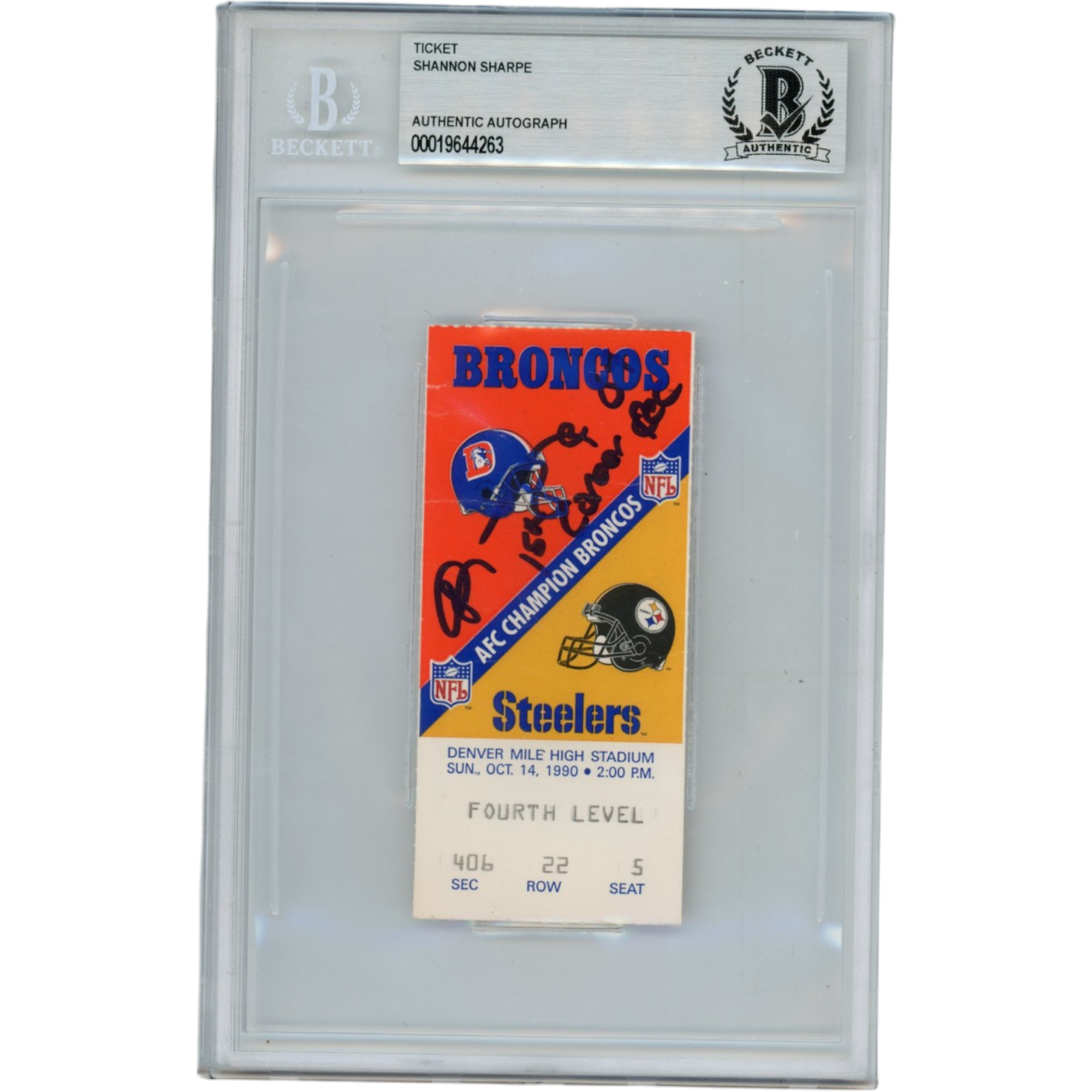 Shannon Sharpe Signed Denver Broncos 1990 Ticket Stub 1st Catch Beckett 53168
