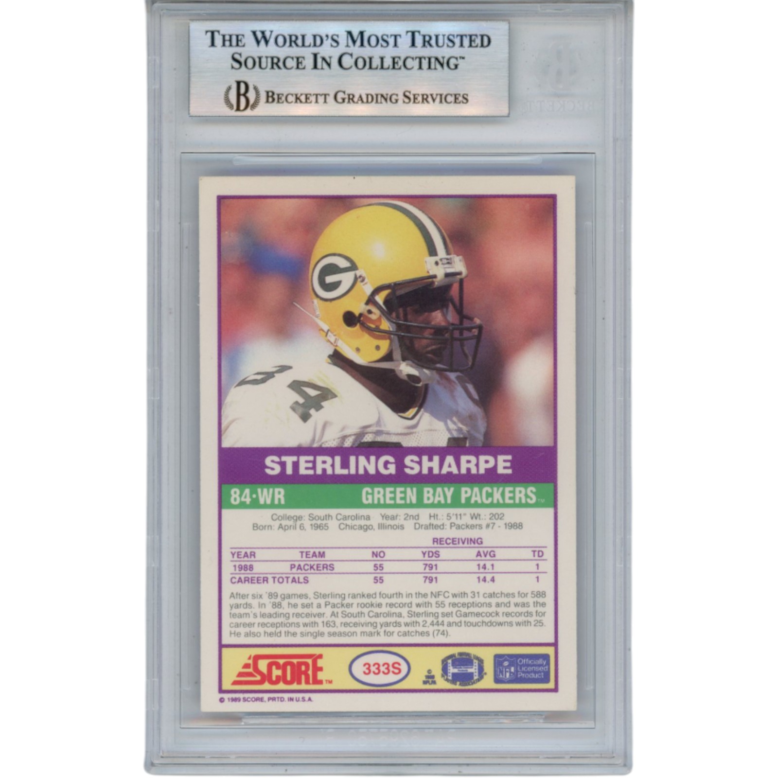Sterling Sharpe Autographed 1989 Score #333S Trading Card HOF Slab Beckett 53179 2 Sterling Sharpe Autographed 1989 Score #333S Trading Card HOF Slab Beckett 53179