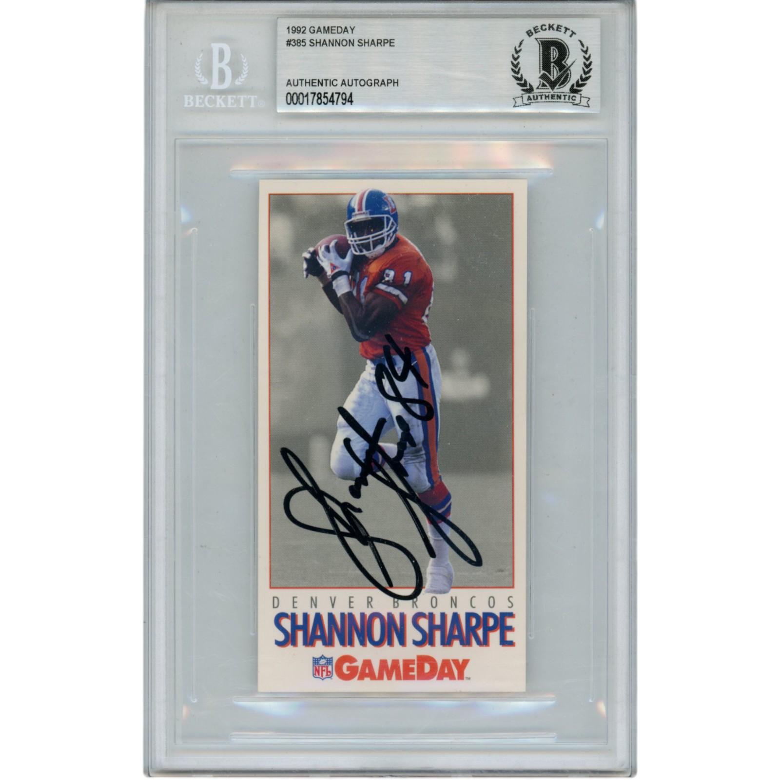 Shannon Sharpe Autographed 1992 Gameday #385 Slabbed Trading Card Beckett 51534