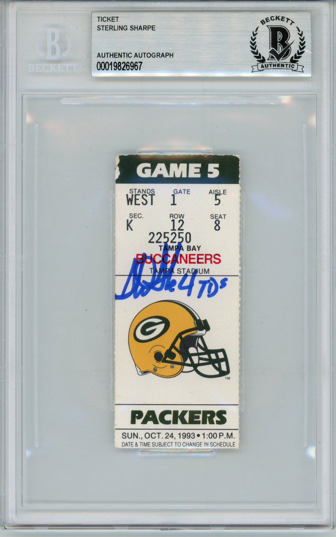 Sterling Sharpe Signed Green Bay Packers Ticket 10/24/93 4 TD Slab Beckett 53894