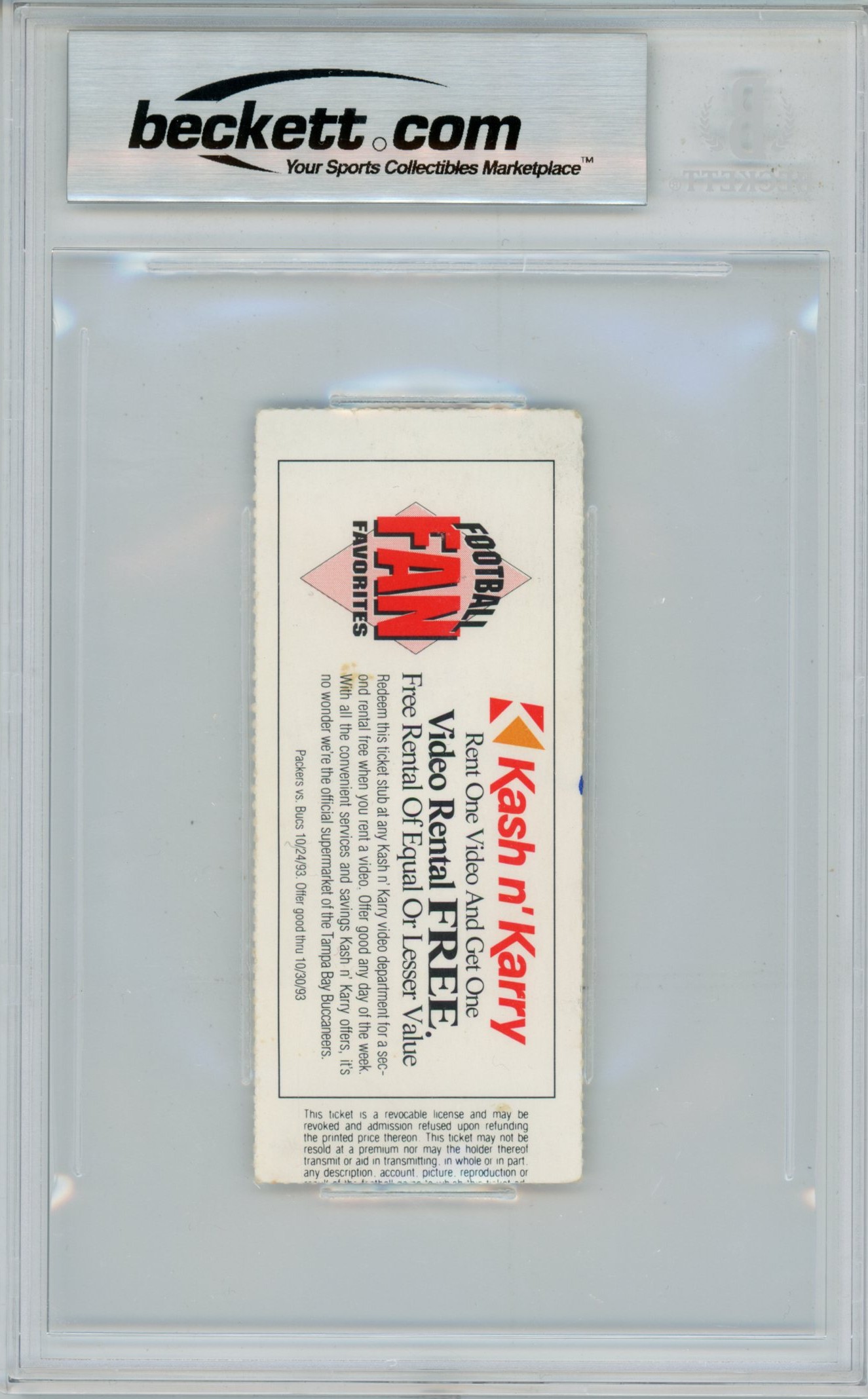 Sterling Sharpe Signed Green Bay Packers Ticket 10/24/93 4 TD Slab Beckett 53894