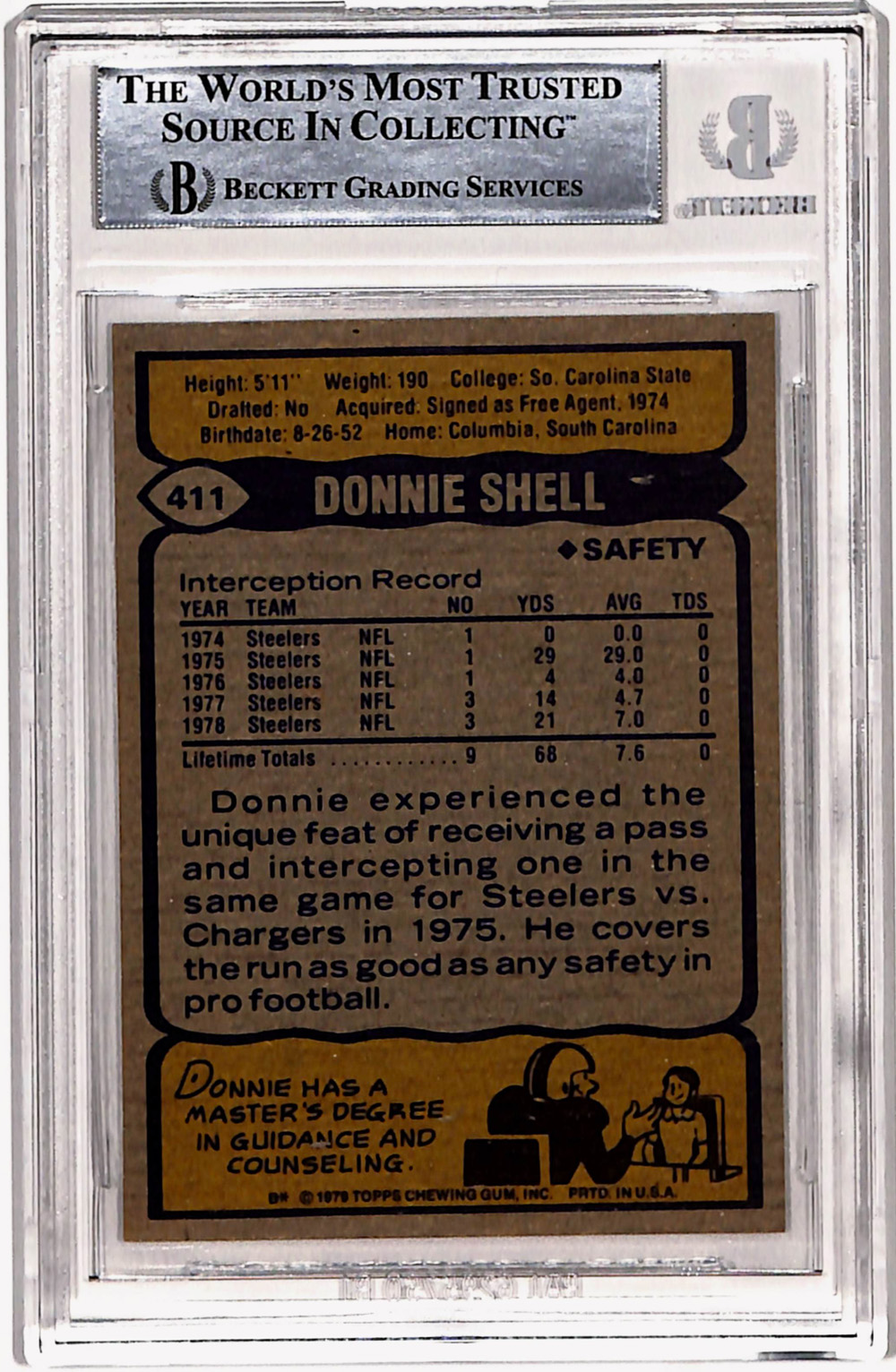 Donnie Shell Signed 1979 Topps #411 Rookie Card HOF Beckett Slab