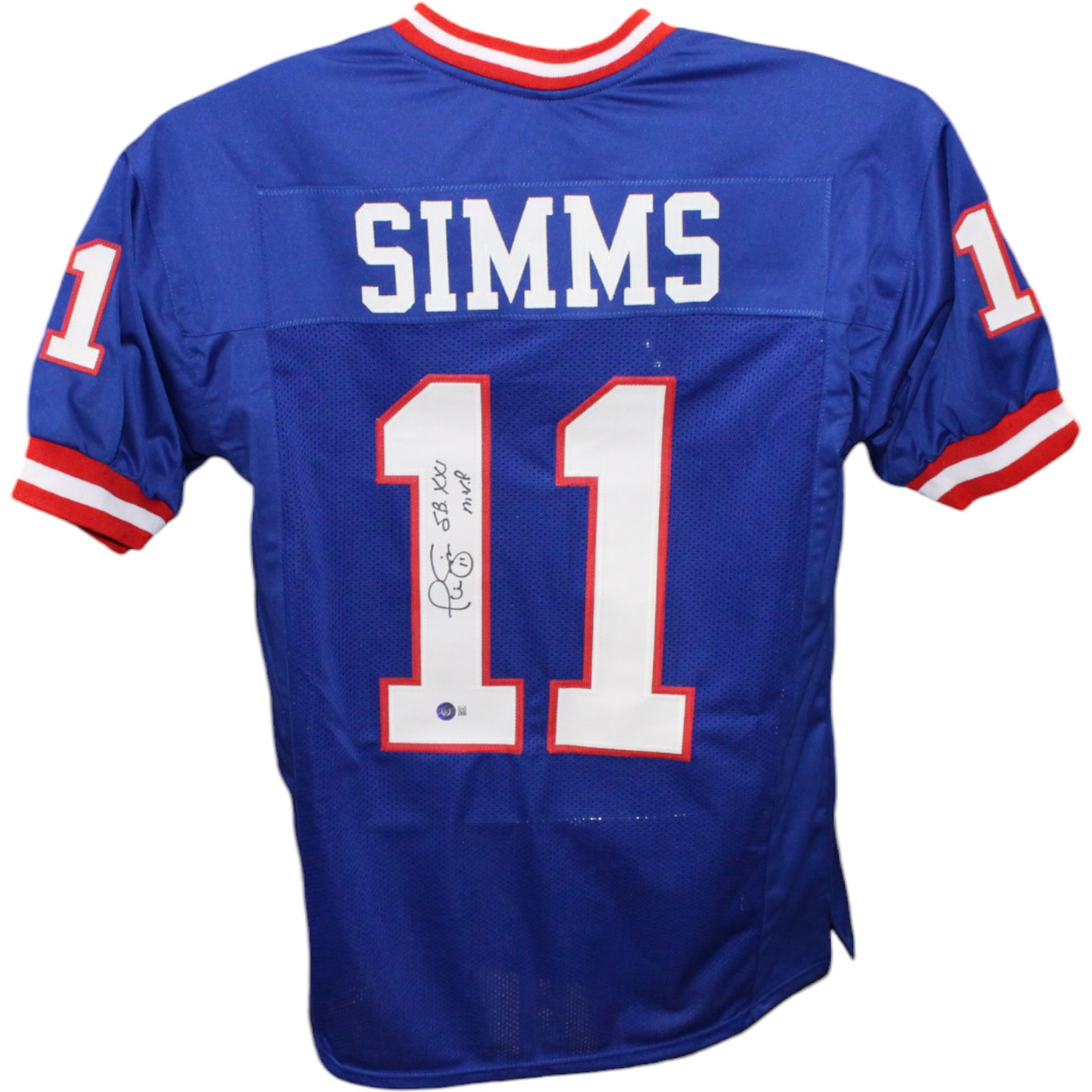 Phil Simms Autographed/Signed Pro Style Jersey Blue SB MVP Beckett