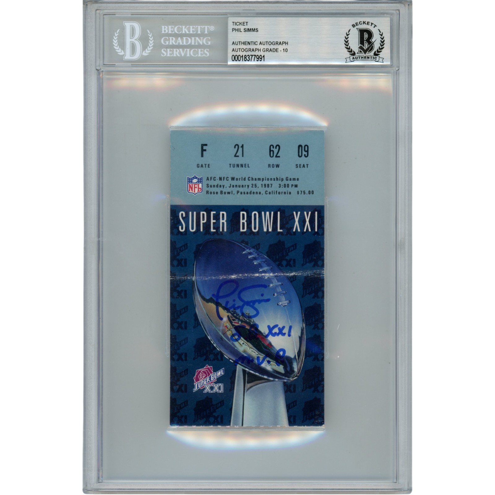 Phil Simms Autographed New York Giants Ticket Stub SB XXI MVP Slab Beckett 53169