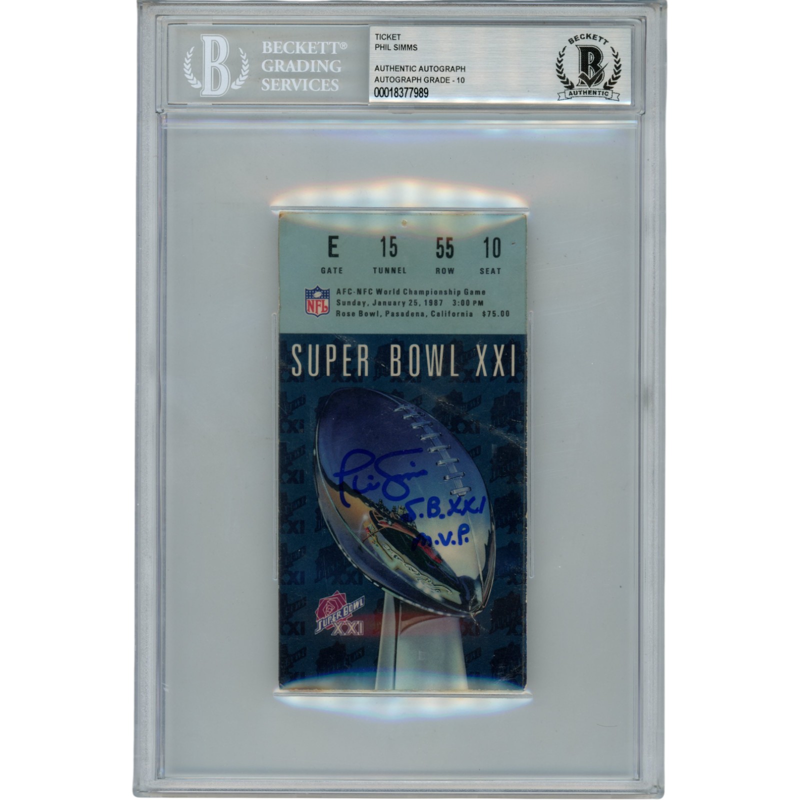 Phil Simms Autographed New York Giants Ticket Stub SB XXI MVP Slab Beckett 53170
