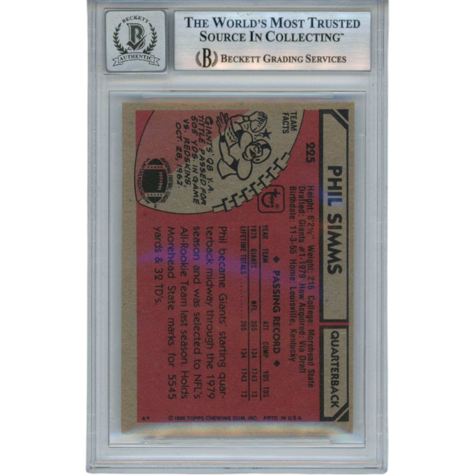 Phil Simms Autographed/Signed 1980 Topps #225 Slab Trading Card Beckett 53178
