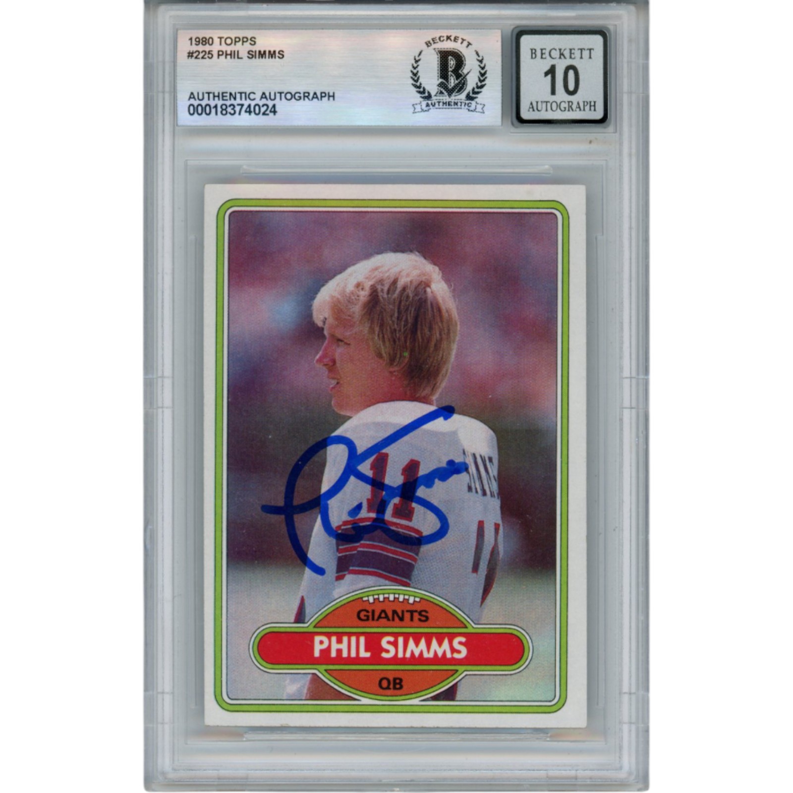 Phil Simms Autographed/Signed 1980 Topps #225 Slab Trading Card Beckett 53180