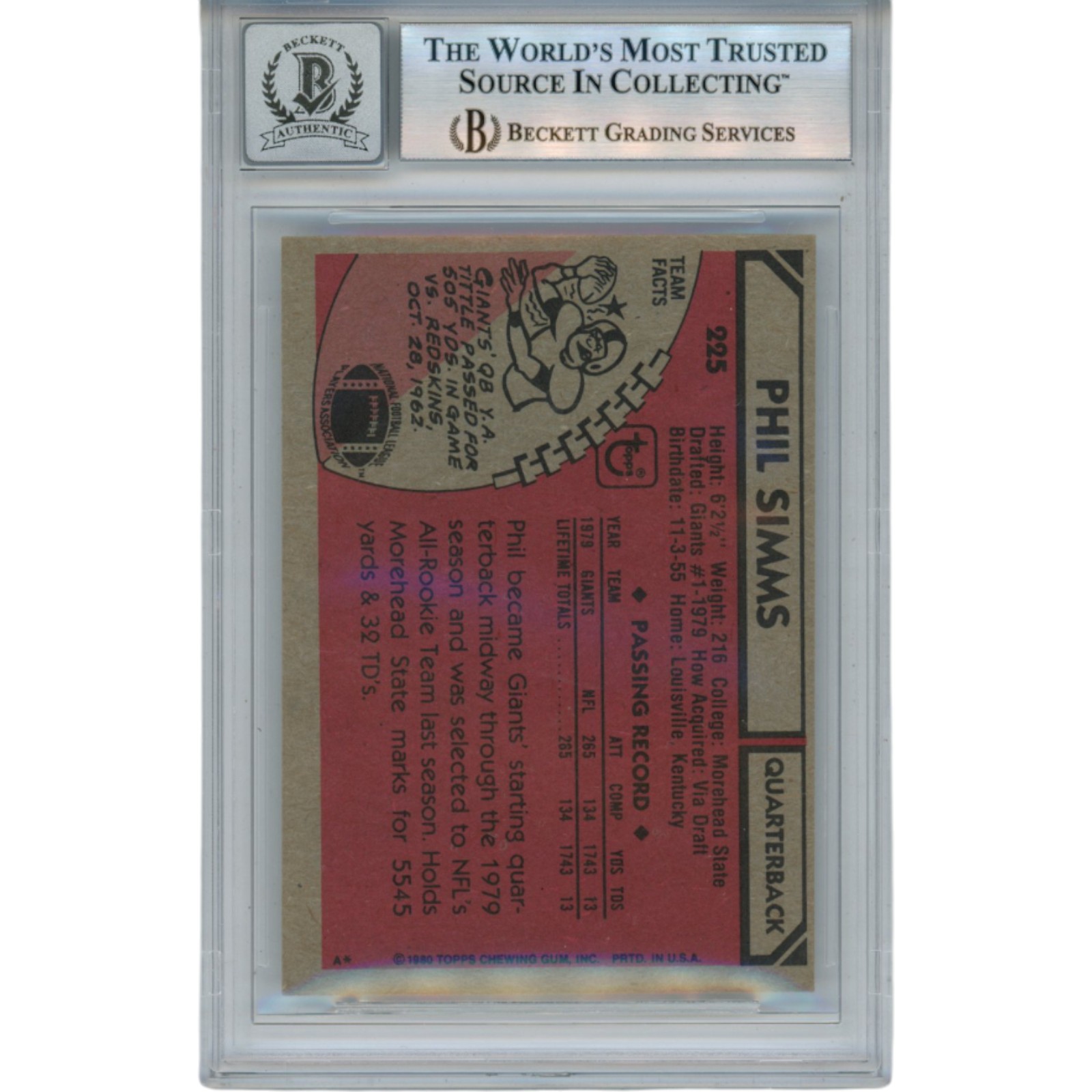 Phil Simms Autographed/Signed 1980 Topps #225 Slab Trading Card Beckett 53180 2 Phil Simms Autographed/Signed 1980 Topps #225 Slab Trading Card Beckett 53180