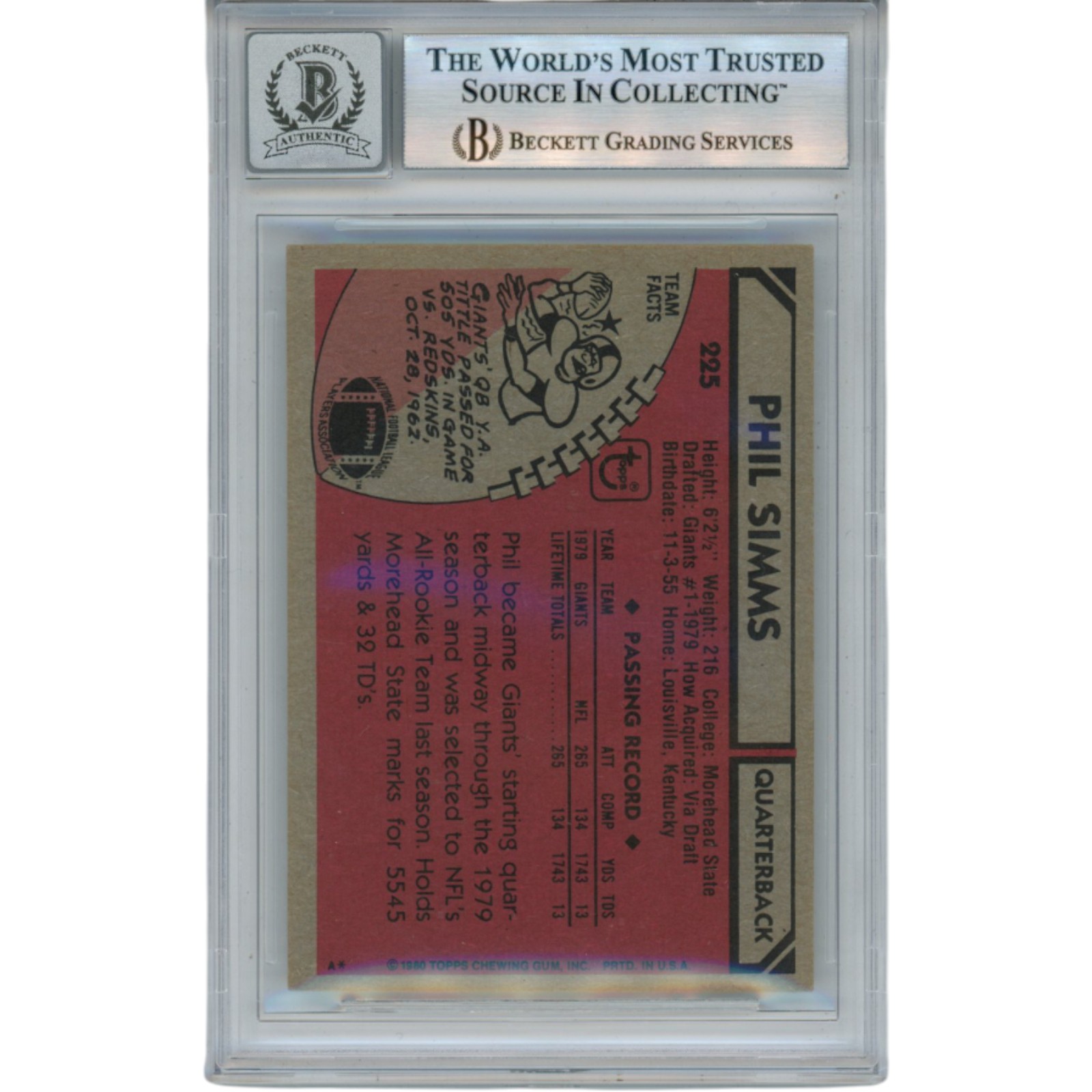 Phil Simms Autographed/Signed 1980 Topps #225 Slab Trading Card Beckett 53183