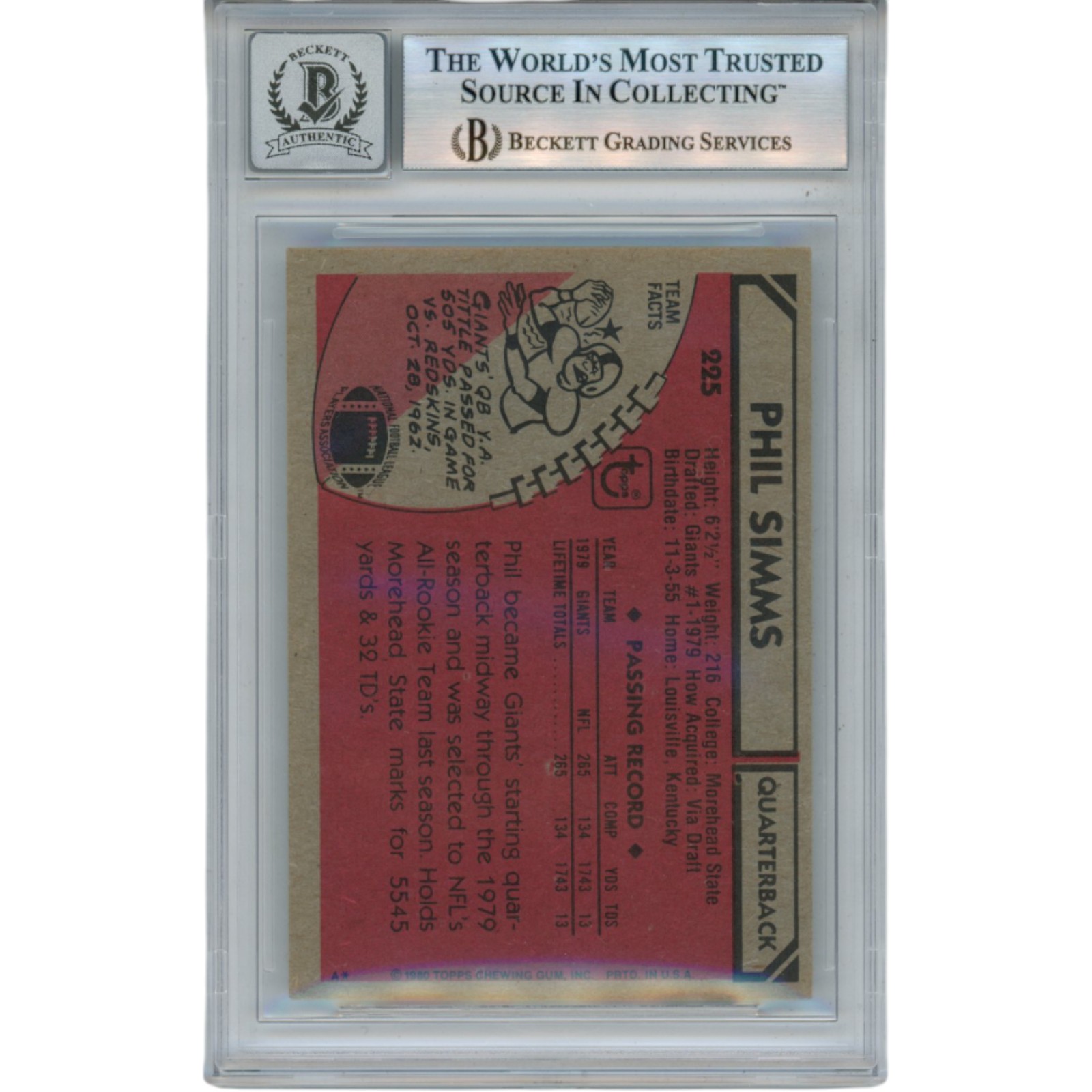Phil Simms Autographed/Signed 1980 Topps #225 Slab Trading Card Beckett 53185