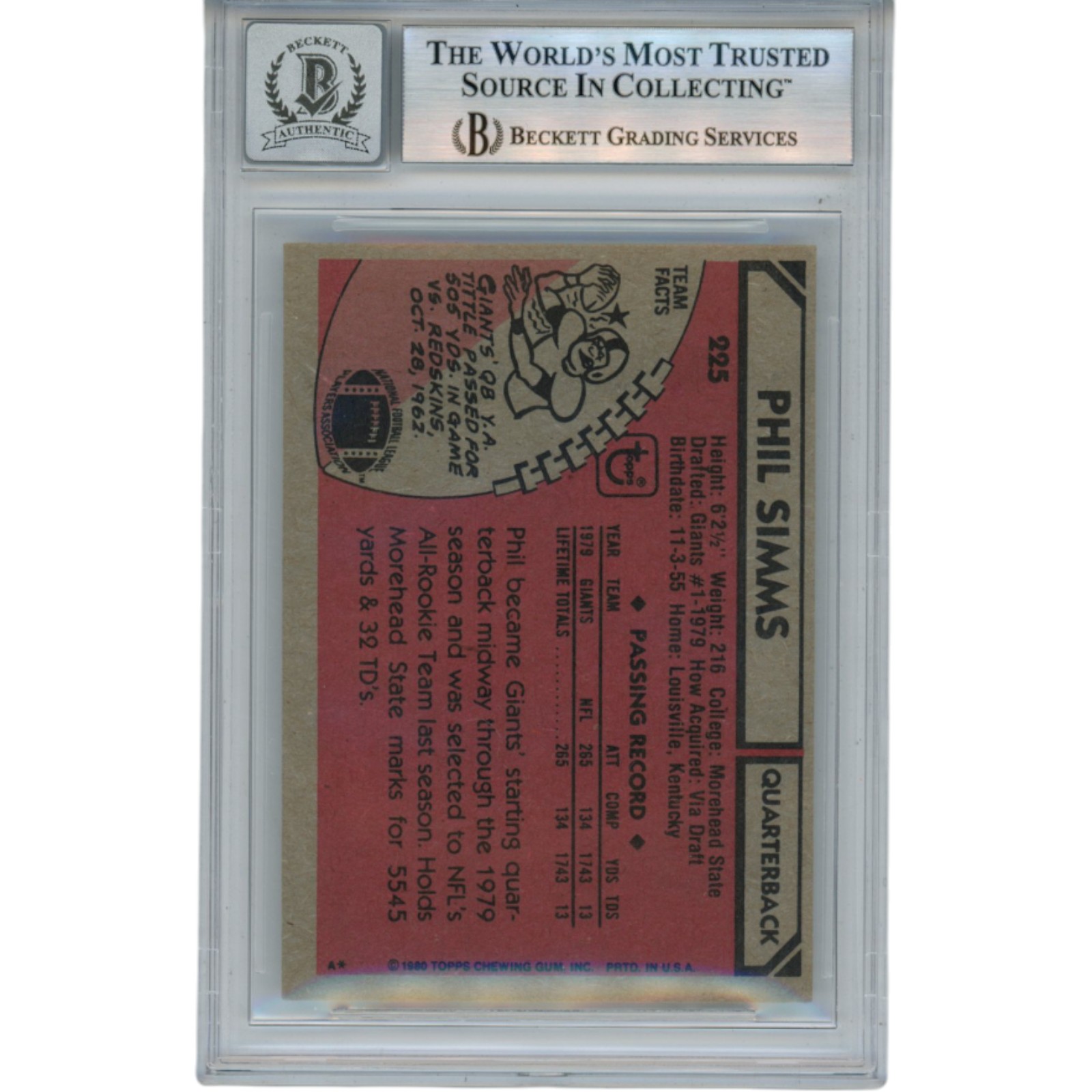 Phil Simms Autographed/Signed 1980 Topps #225 Slab Trading Card Beckett 53187 2 Phil Simms Autographed/Signed 1980 Topps #225 Slab Trading Card Beckett 53187