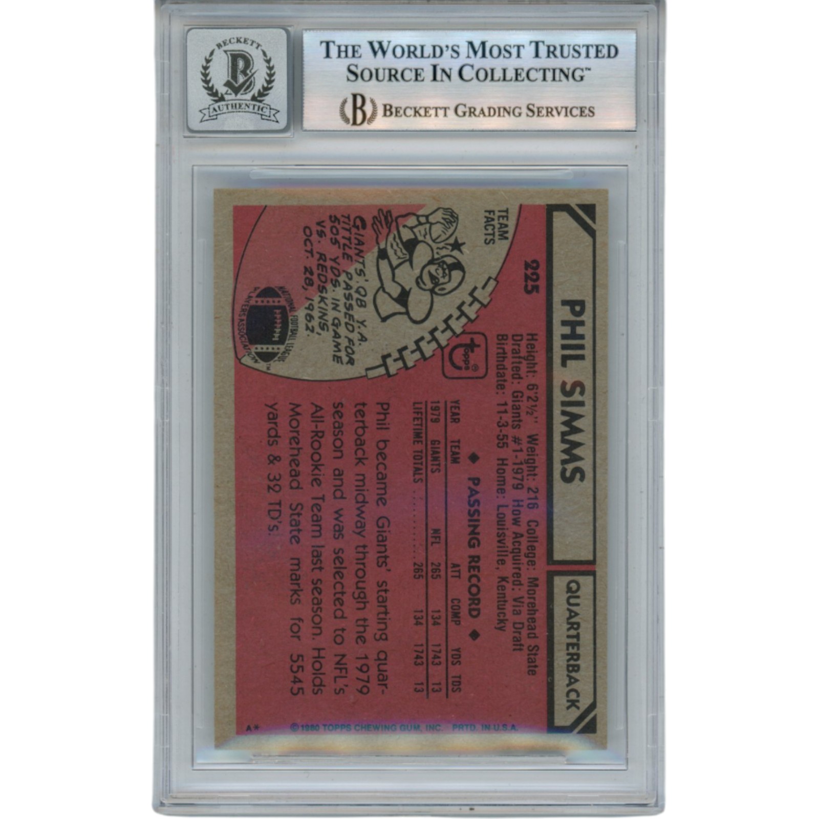 Phil Simms Autographed/Signed 1980 Topps #225 Slab Trading Card Beckett 53189