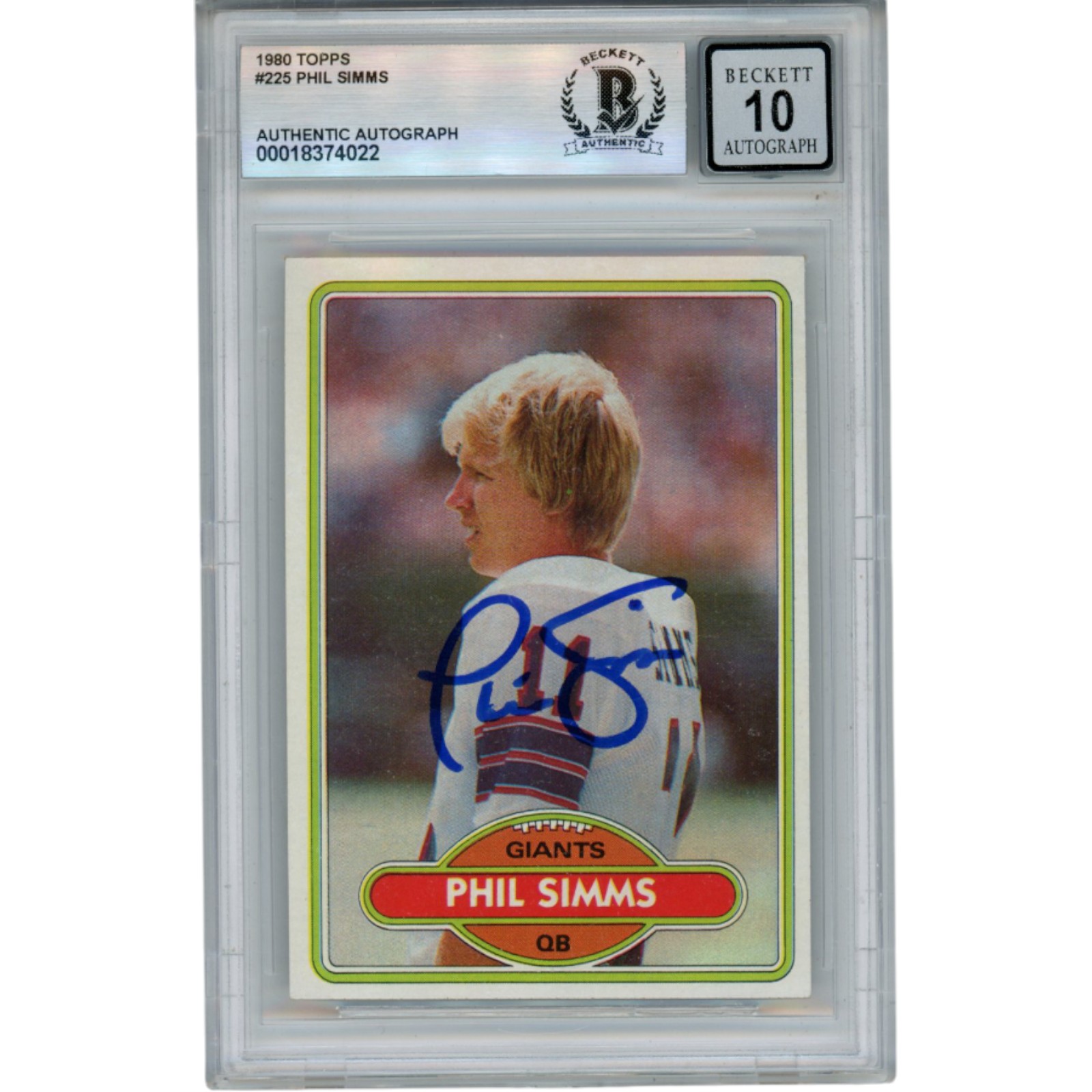 Phil Simms Autographed/Signed 1980 Topps #225 Slab Trading Card Beckett 53192