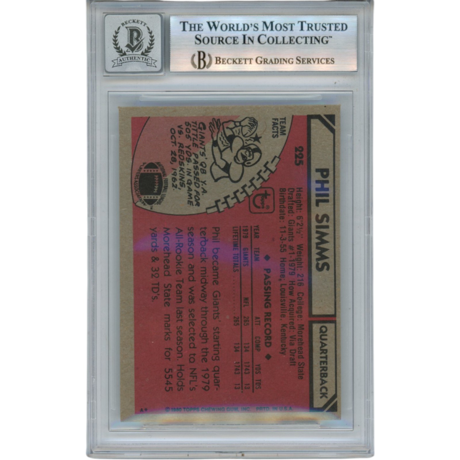 Phil Simms Autographed/Signed 1980 Topps #225 Slab Trading Card Beckett 53192