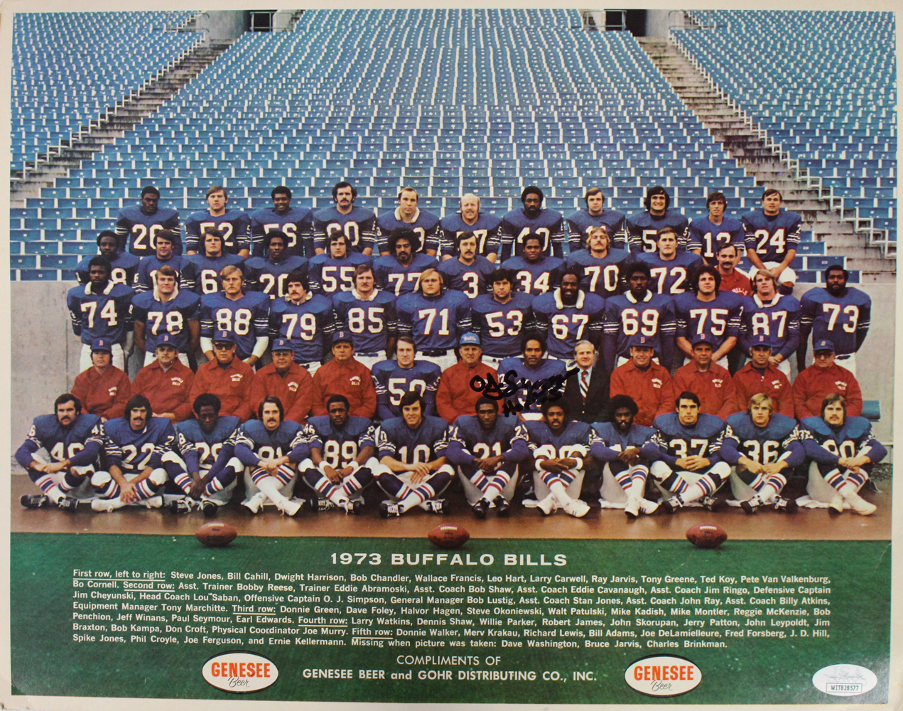 O.J. Simpson Autographed/Signed Buffalo Bills 11x17 Roster Photo HOF JSA