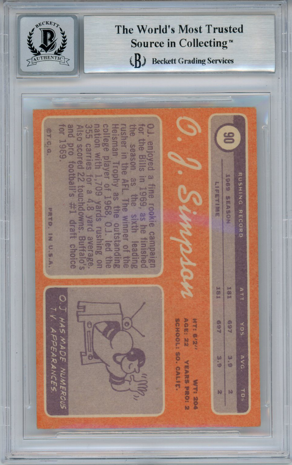 O.J. Simpson Autographed 1970 Topps #90 Rookie Card HOF BAS 10 Slab