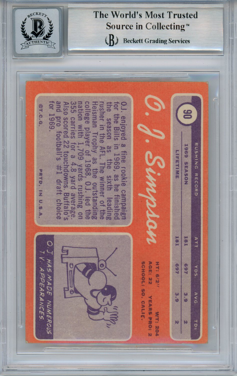 O.J. Simpson Autographed 1970 Topps #90 Rookie Card HOF BAS 10 Slab