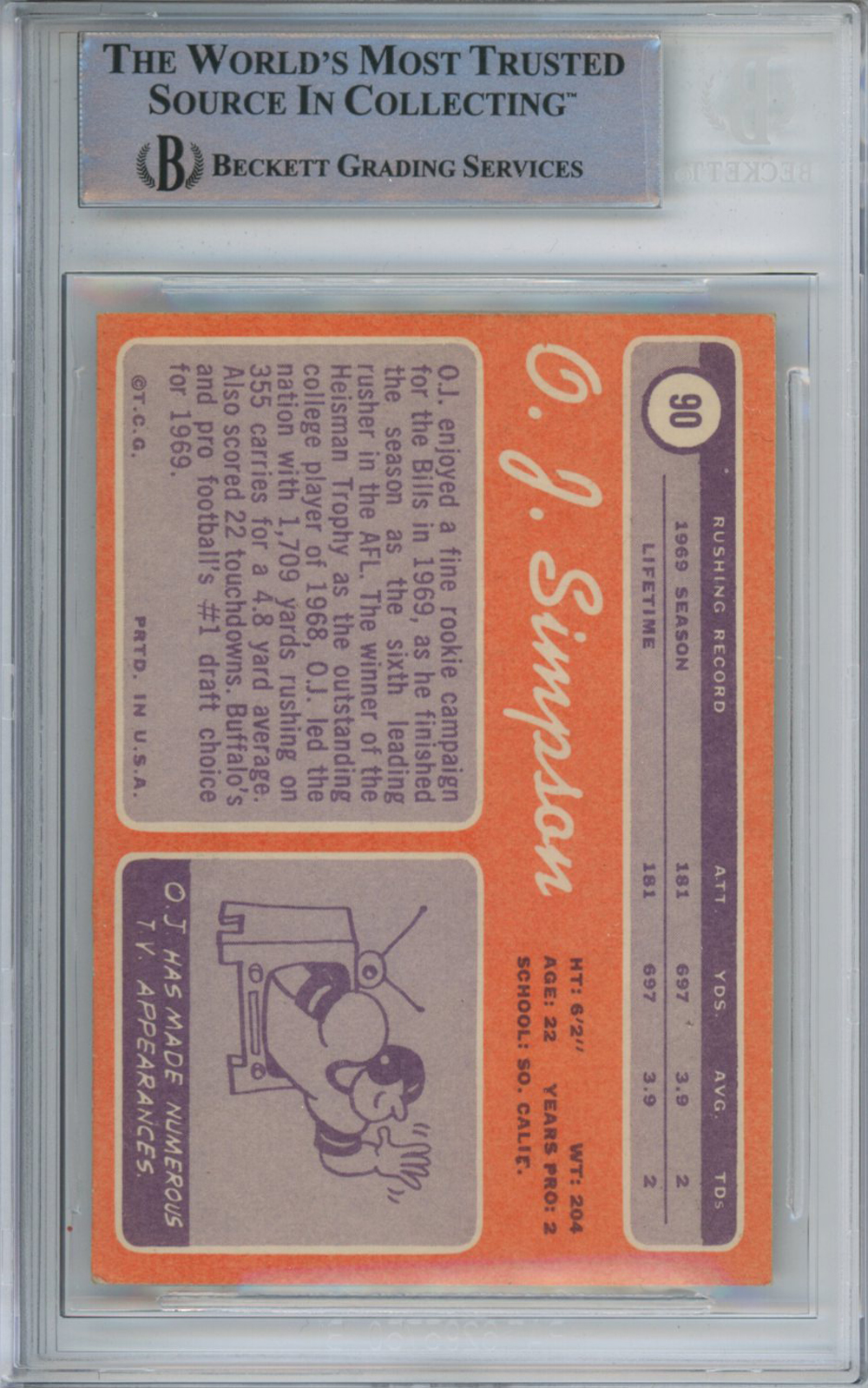 O.J. Simpson Autographed 1970 Topps #90 Rookie Card Beckett Slab