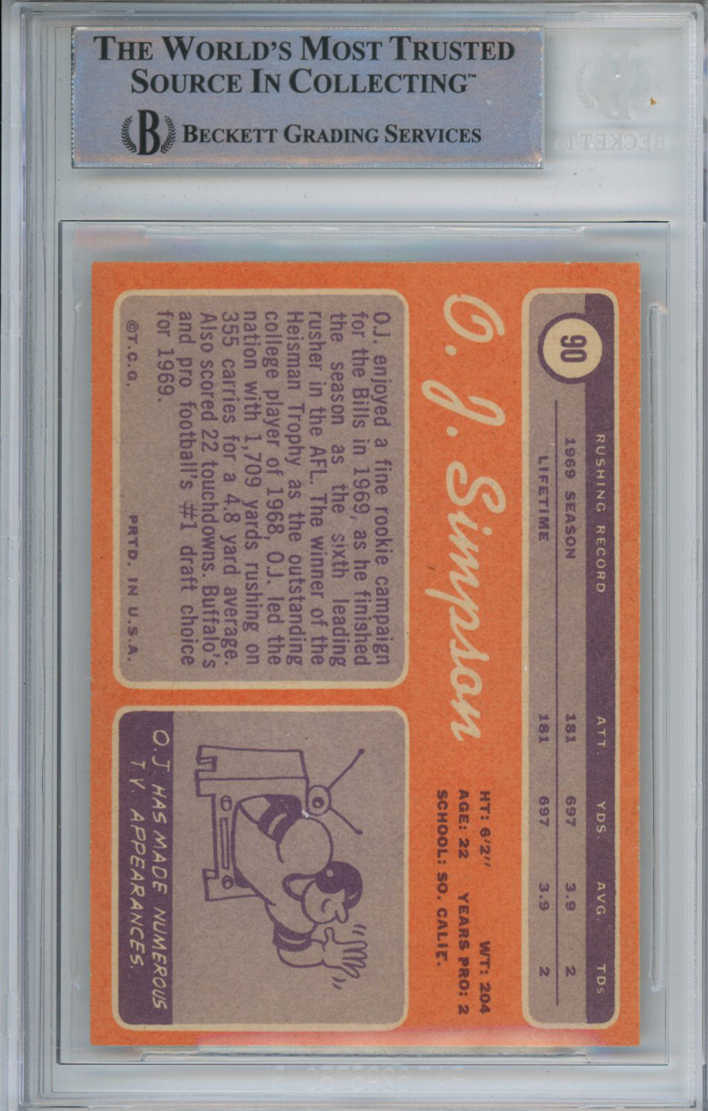 O.J. Simpson Autographed 1970 Topps #90 Rookie Card Beckett Slab