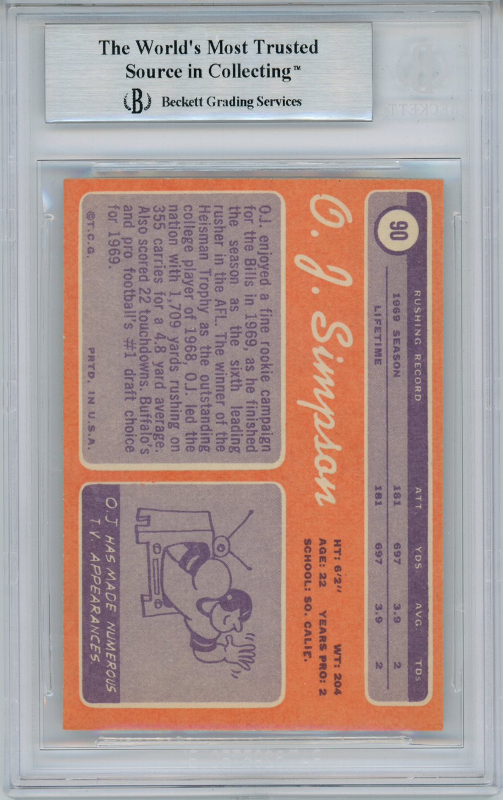 O.J. Simpson Autographed 1970 Topps Rookie Card #90 Orenthal BAS Slab