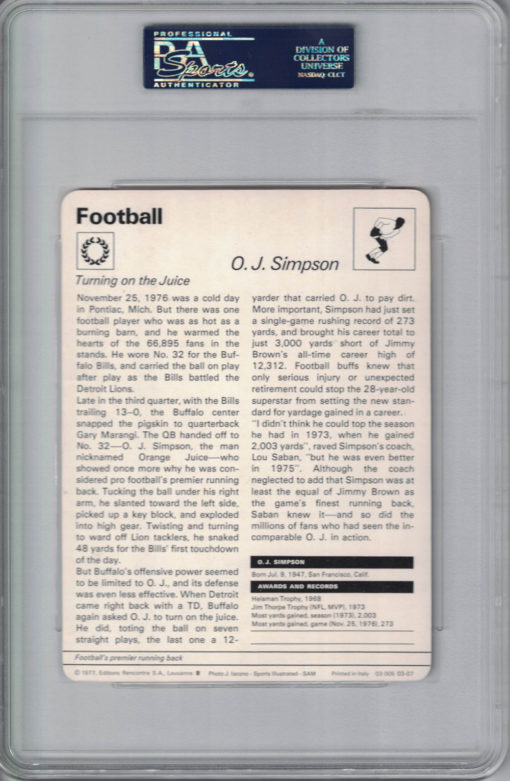 O.J. Simpson Signed Buffalo Bills 1977 Sportscaster Card #03-07 PSA Slab 24431