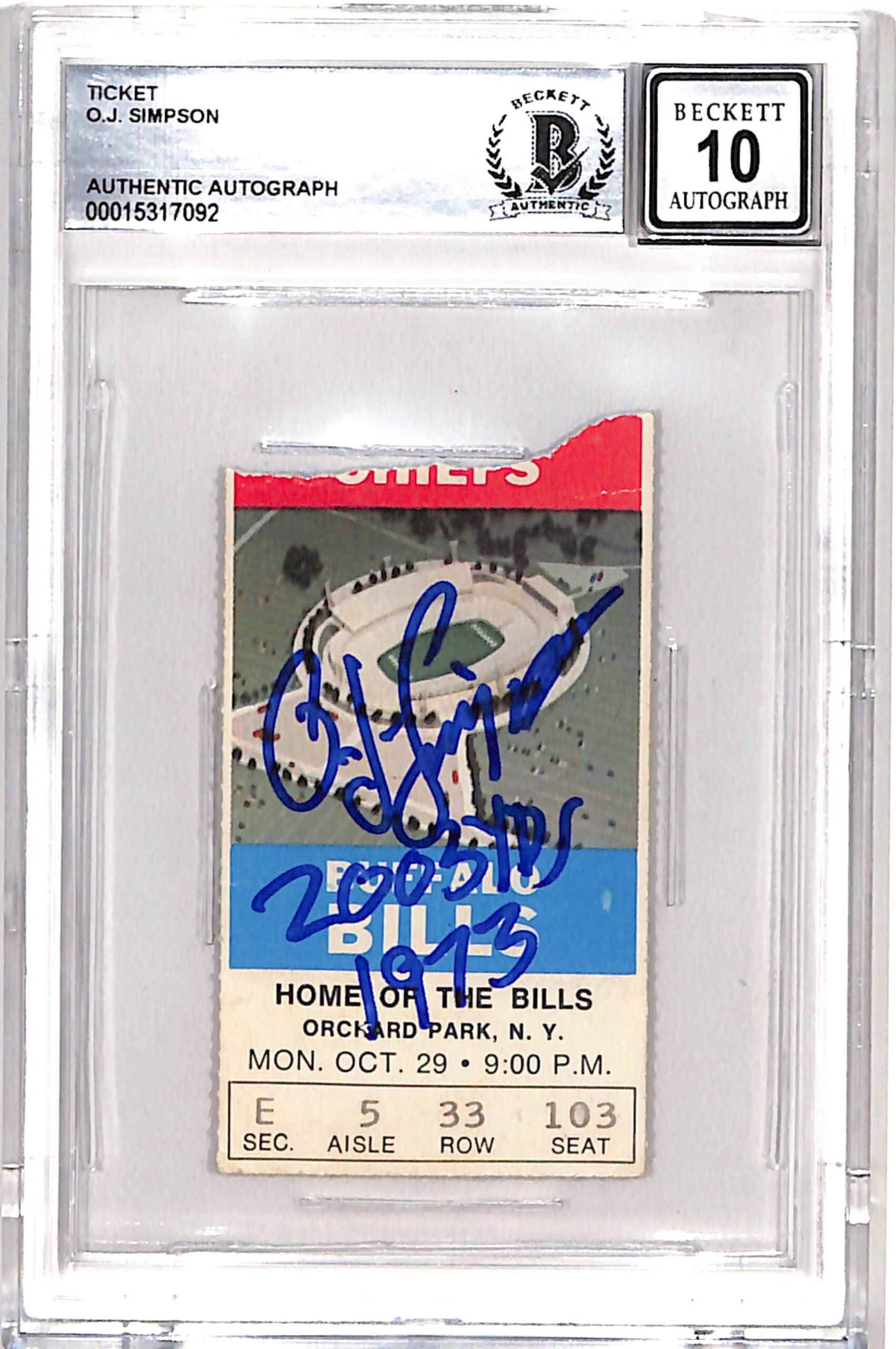 OJ Simpson Signed 10/29/73 Ticket Stub Insc. Grade 10 Auto Beckett