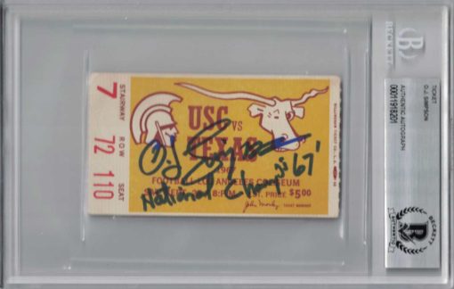 O.J. Simpson Signed 1967 USC Trojans vs Texas Ticket Seat 110 Champs BAS 26482