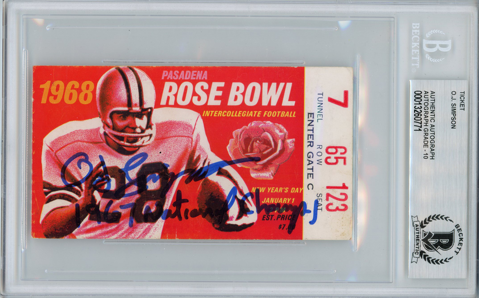 O.J. Simpson Autographed 1968 Rose Bowl Ticket National Champs BAS Slab