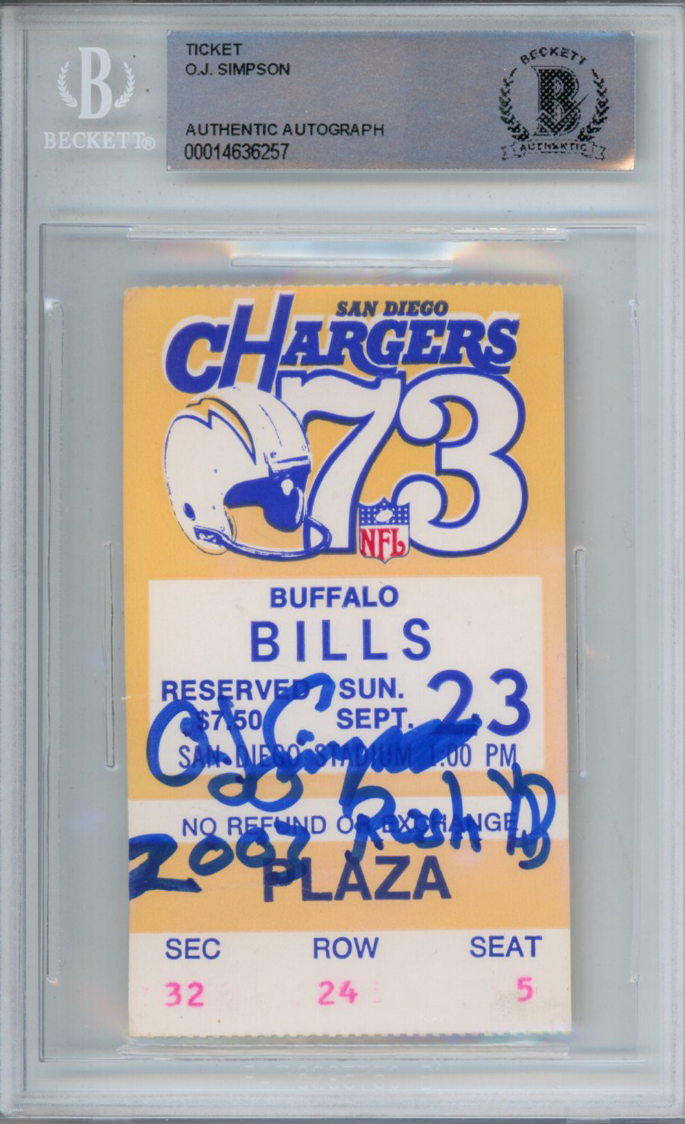 O.J. Simpson Autographed 9/23/1973 Ticket Stub 2003 Rush Yds Beckett Slab