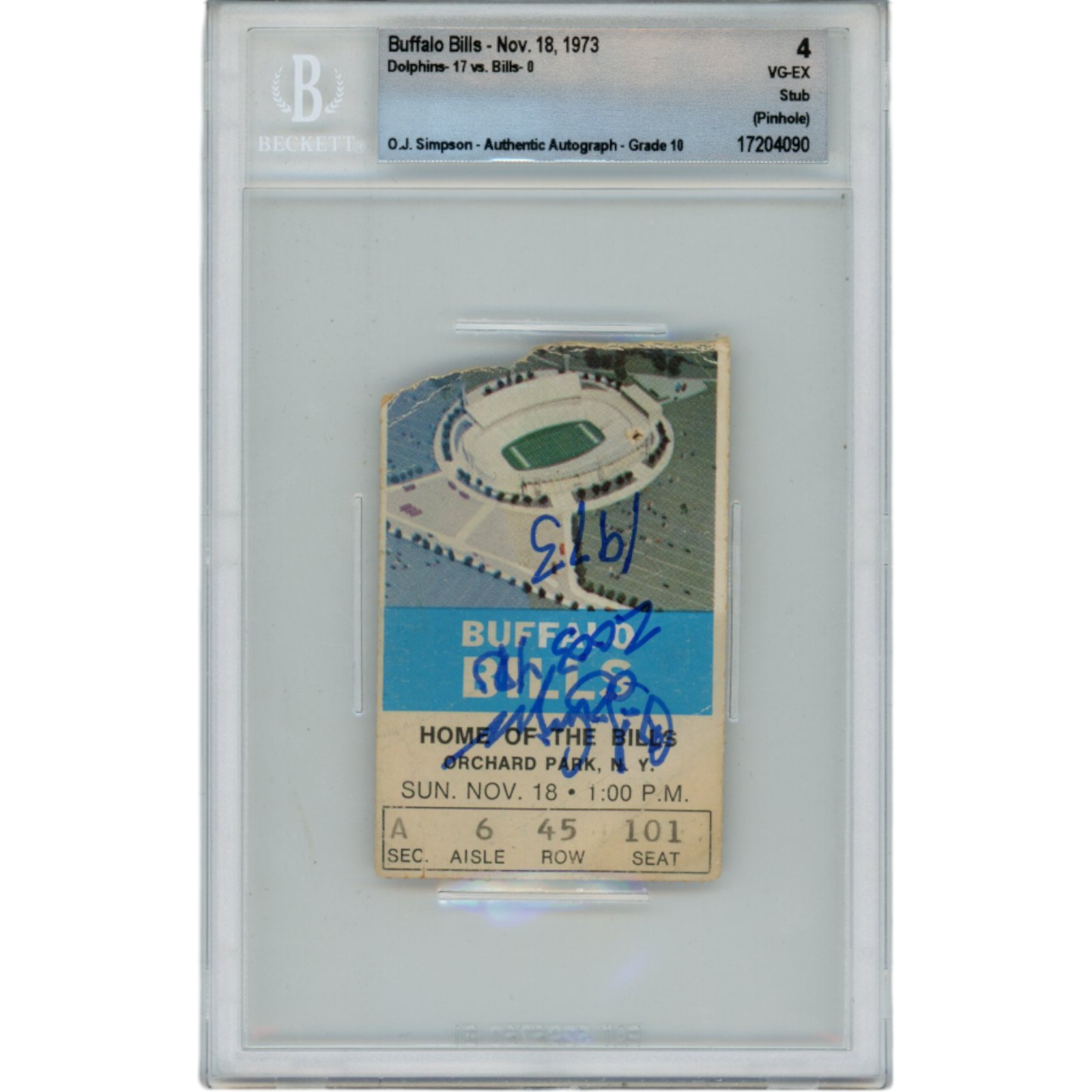 OJ Simpson Autographed Buffalo Bills 11/18/73 Ticket Stub 2003 yds Beckett 48167