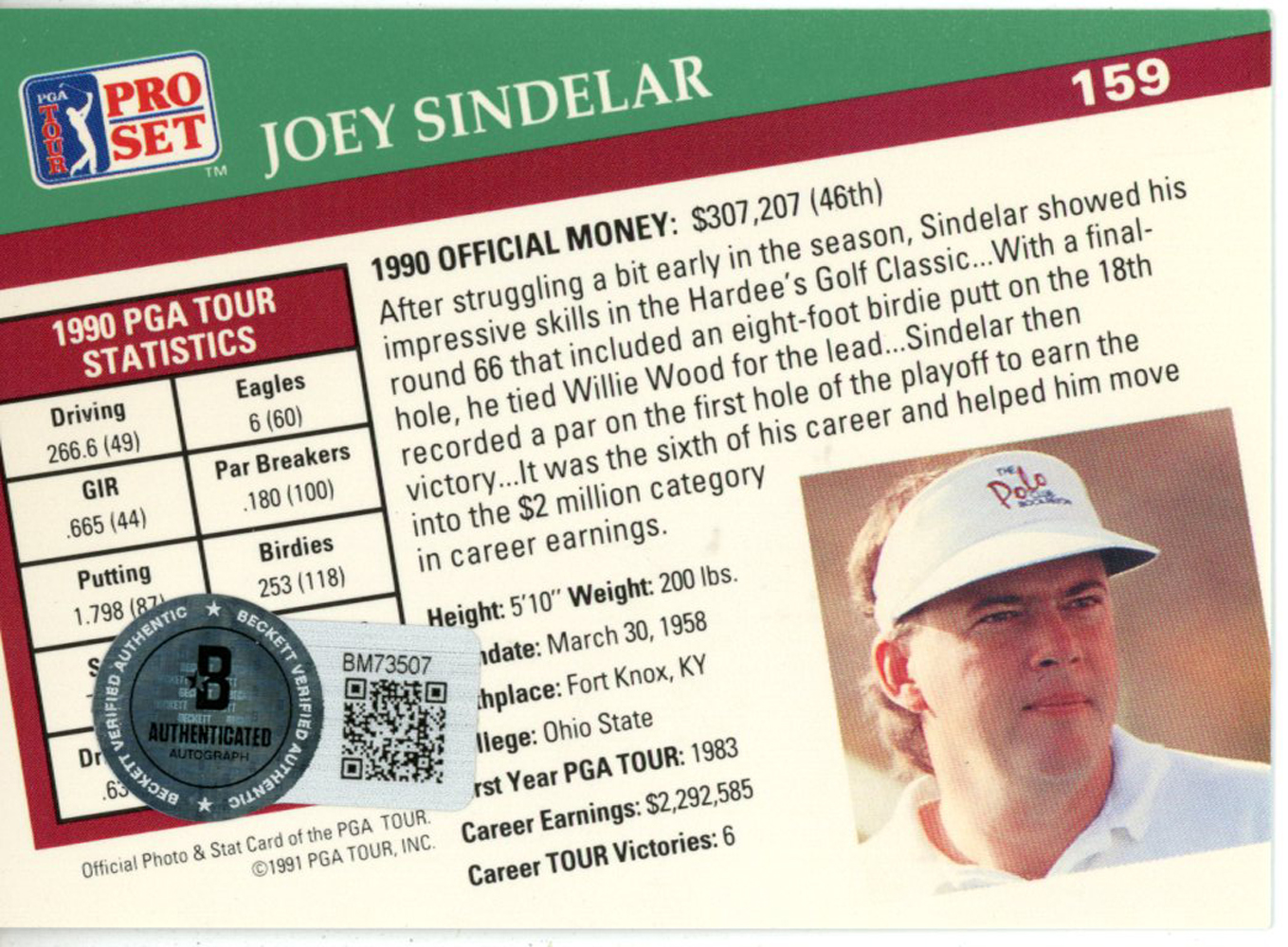 Joey Sindelar Autographed 1991 Pro Set #159 Trading Card Beckett 44899