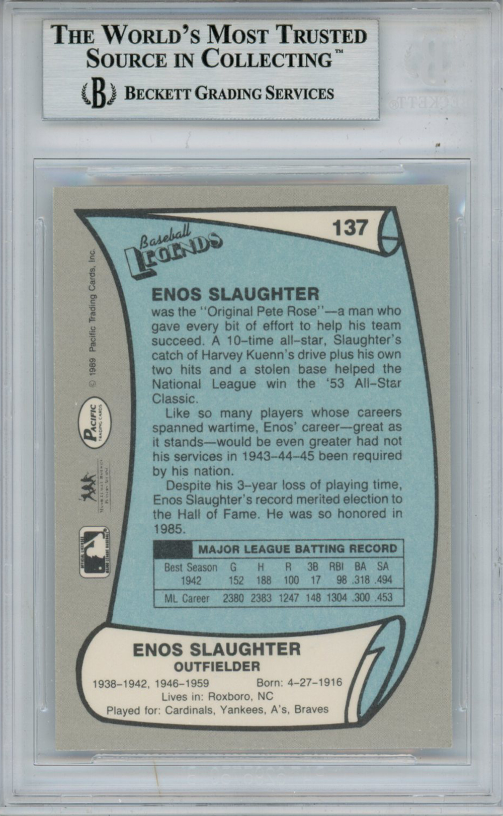 Enos Slaughter Autographed 1986 Pacific Legends II #137 Card Beckett Slab