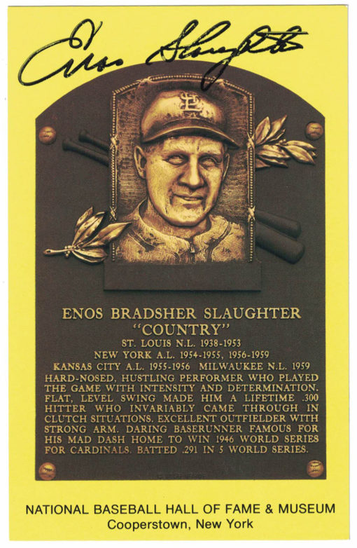 Enos Slaughter Autographed St Louis Cardinals Hall Of Fame Plaque Postcard BAS 27074