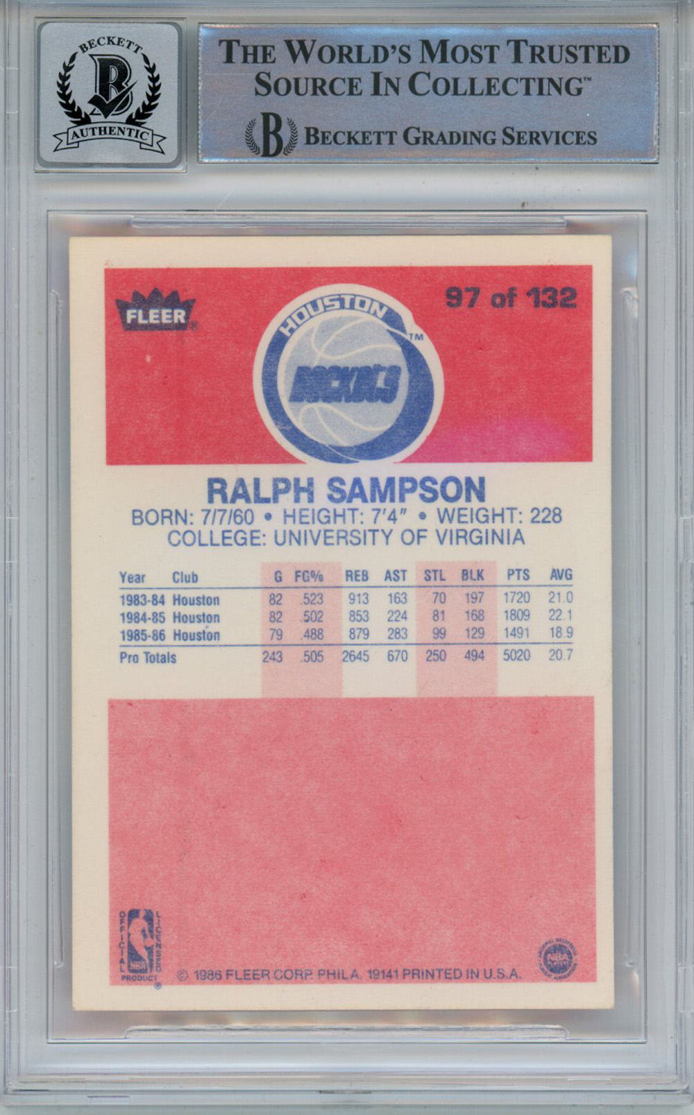 Ralph Sampson Signed 1986-87 Fleer #97 Rookie Card Beckett 10 Slab
