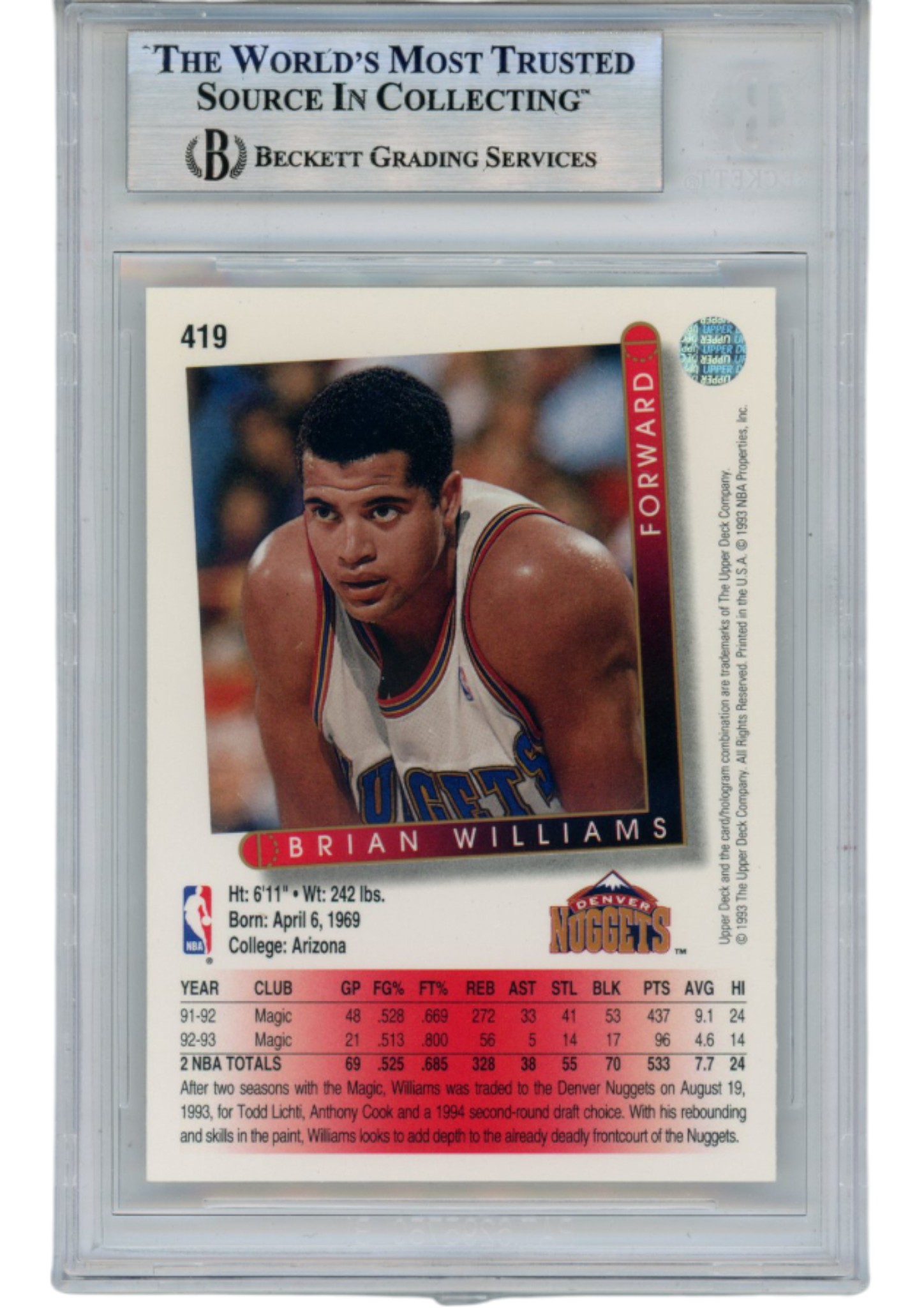 Brian Williams Autographed 93-94 Upper Deck #419 Slab Trading Card Beckett 52710 2 Brian Williams Autographed 93-94 Upper Deck #419 Slab Trading Card Beckett 52710