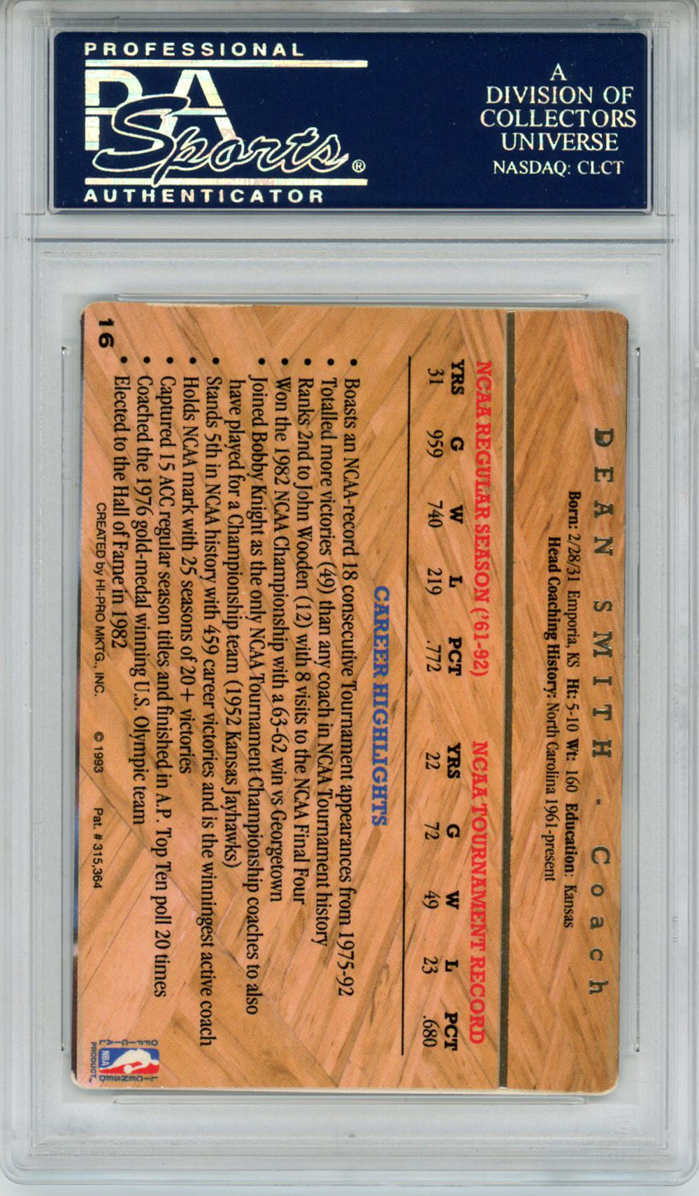 Dean Smith Signed 1993 Action Packed #16 Trading Card PSA Slab