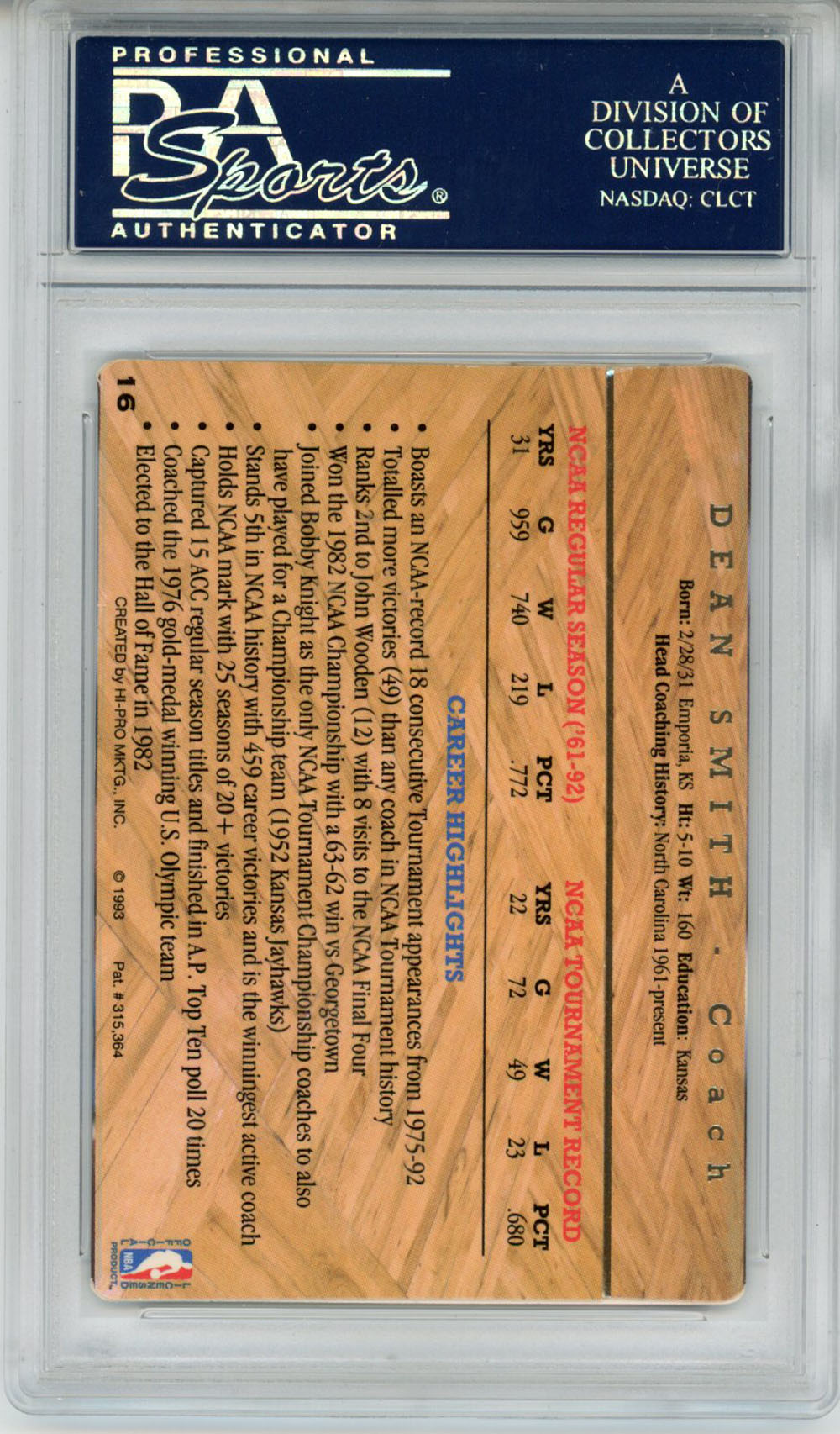 Dean Smith Signed 1993 Action Packed #16 Trading Card PSA Slab