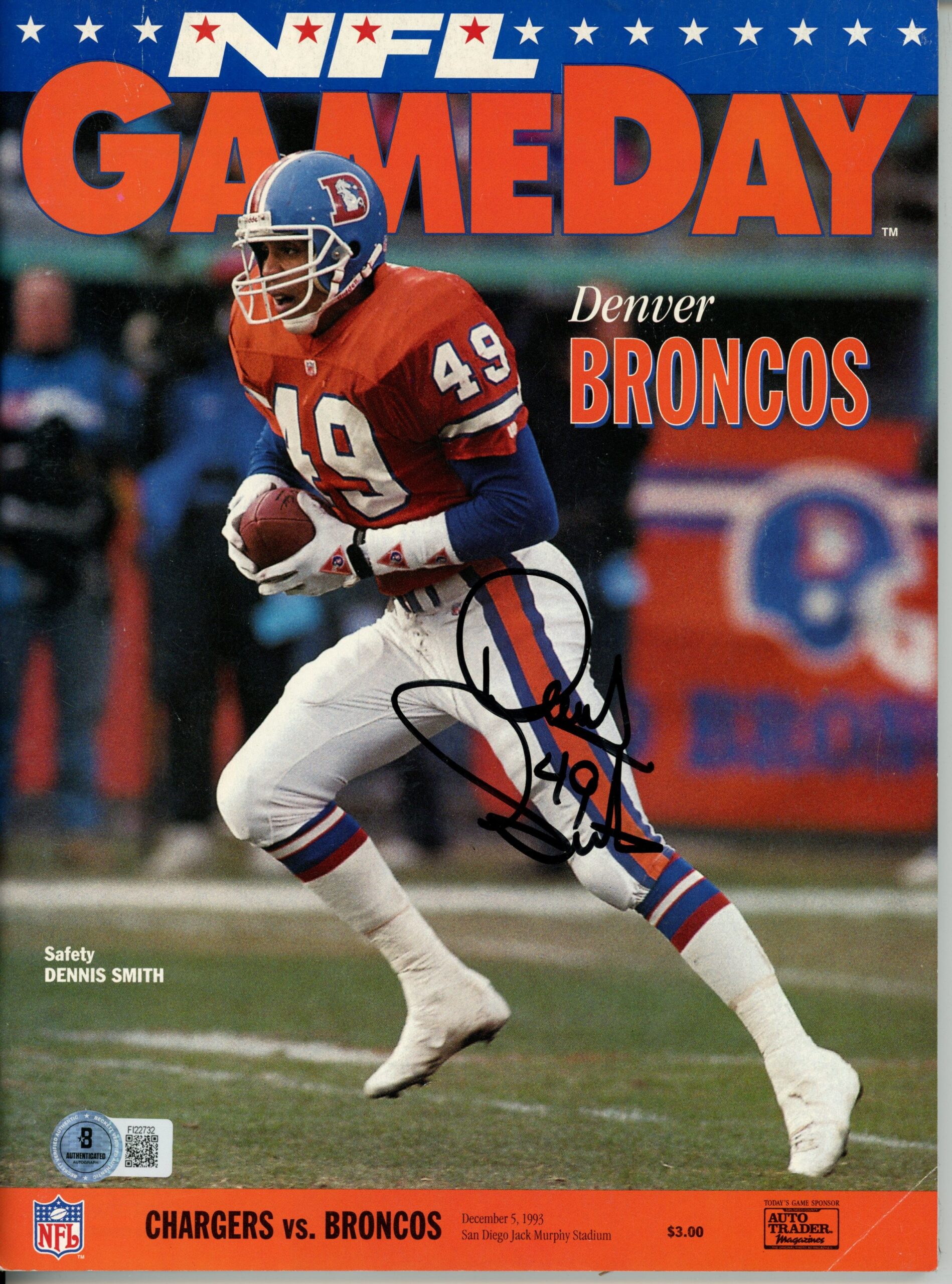 Dennis Smith Autographed Denver Broncos 1993 Gameday Magazine Beckett 55762