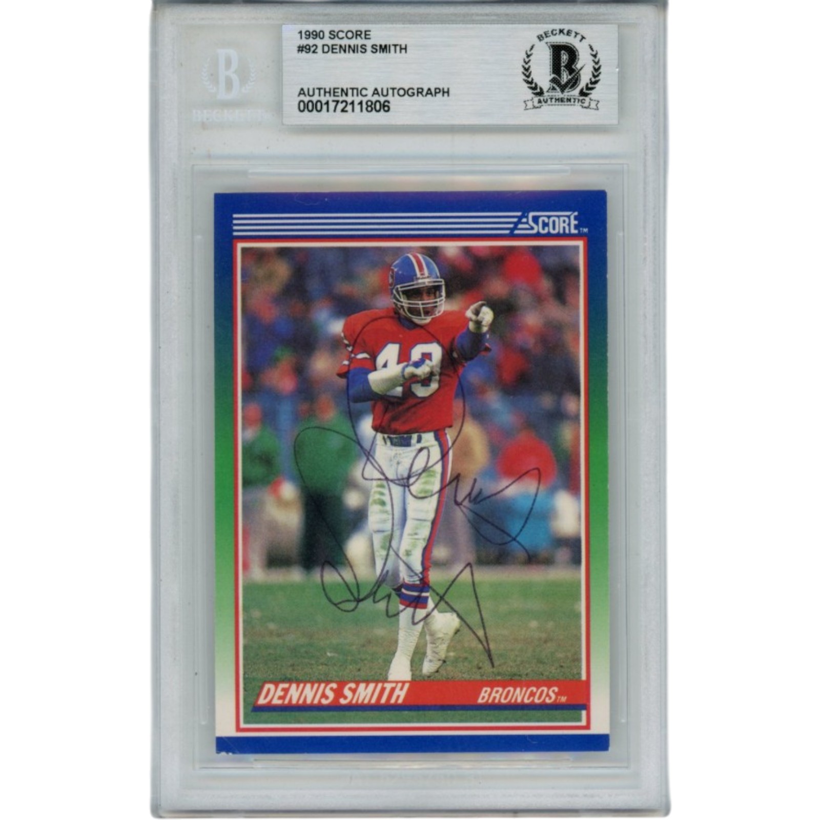 Dennis Smith Autographed Denver Broncos 1990 Score Card Slab Beckett 56135