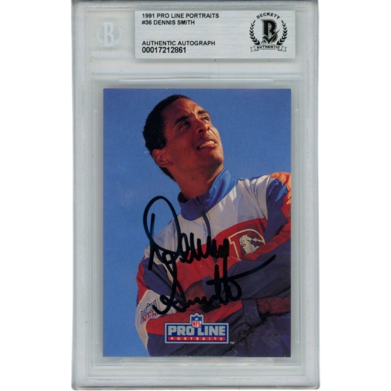Dennis Smith Autographed Denver Broncos 1991 Pro Line Card Slab Beckett 56136