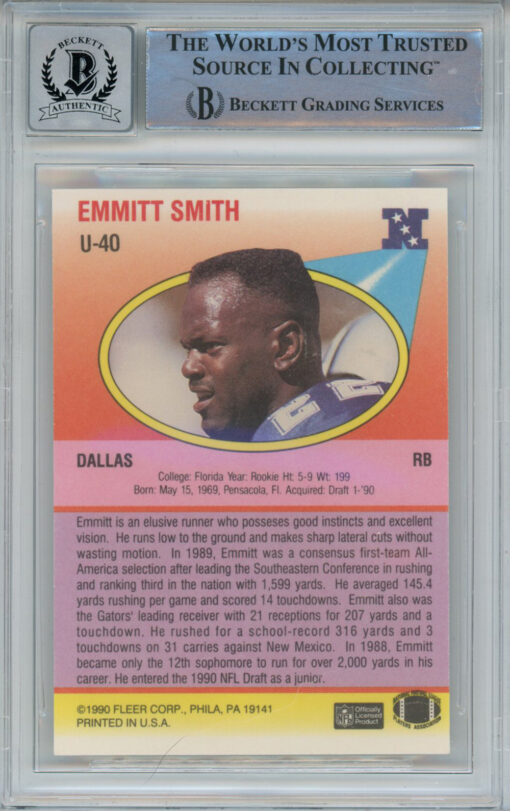 Emmitt Smith Autographed 1990 Fleer U-40 Rookie Card Beckett 10 Slab